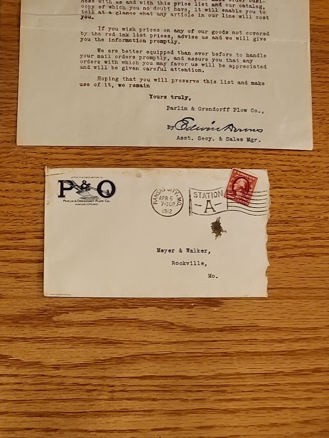 Parlin and Orendorff P&O Plow Co Letterhead 2x 1911 1912