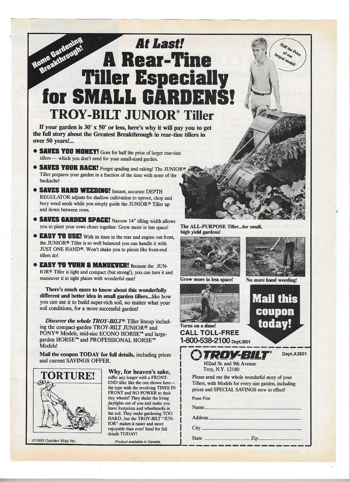 1993 Troy-Bilt Junior Rear-Tine Garden Tiller Vintage Print Advertisement