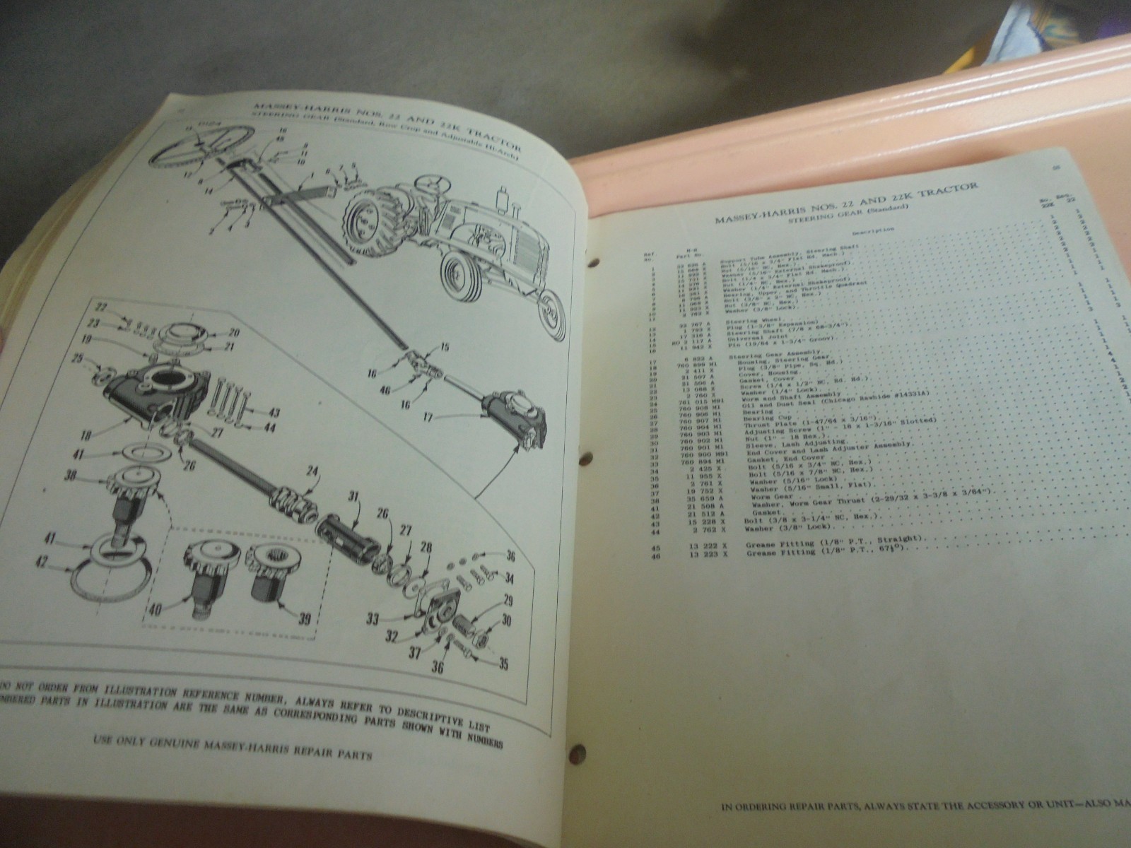 Vintage 1949 Repair Parts List Manual for Massey-Harris 22 and 22K tractors