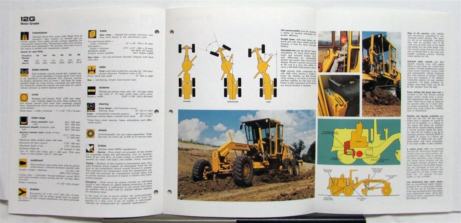 1975 CAT No 12G Road Motor Grader Construction Specifications Sale Tri-Folder