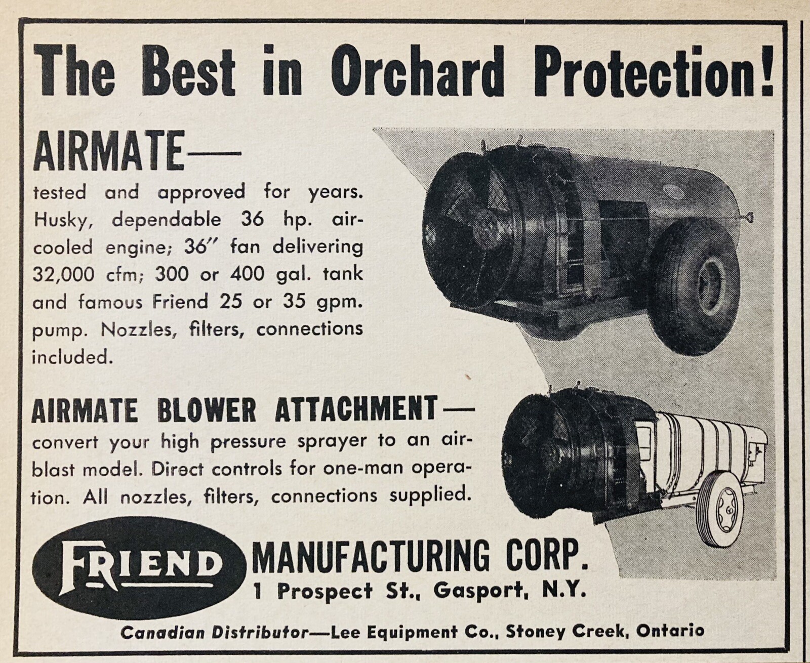 1958 AD.(XF23)~FRIEND MFG. CO. GASPORT, NY. AIRMATE ORCHARD BLOWER