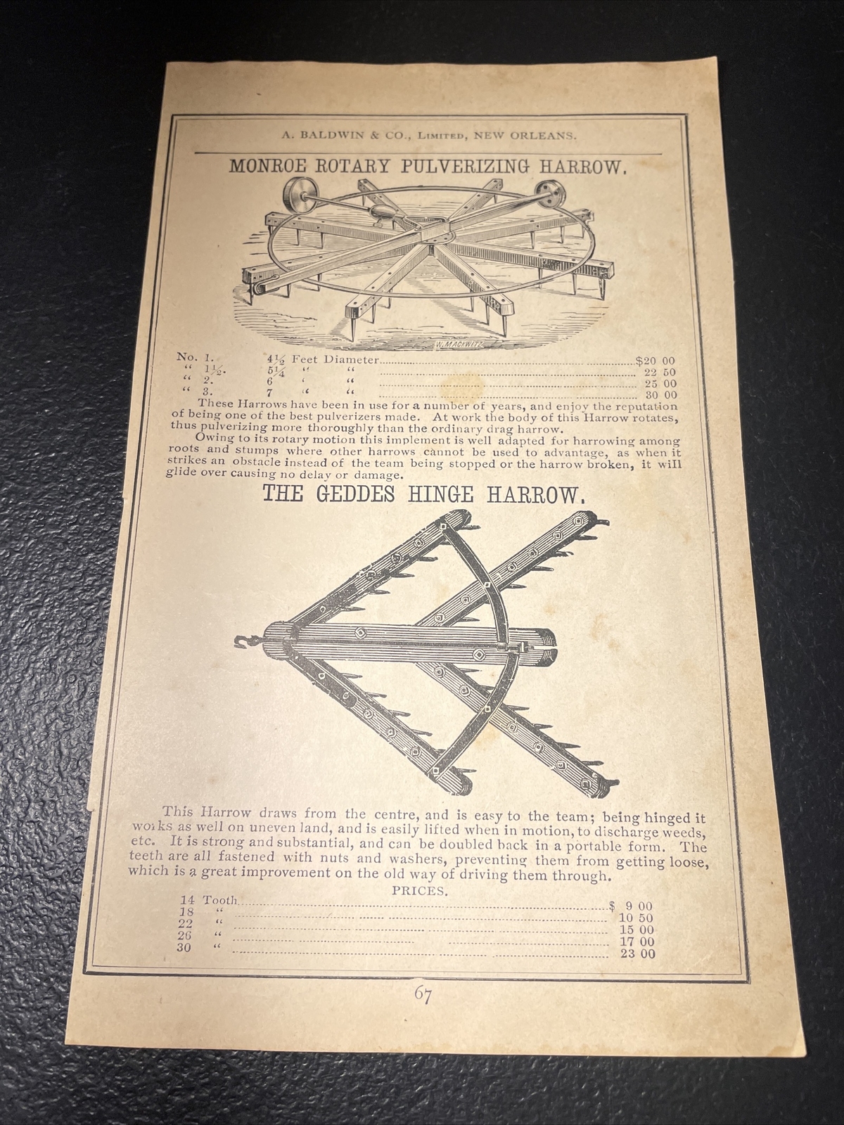 1891 Baldwin – Monroe Rotary Pulverizing Harrow Farm Advertising – New Orleans