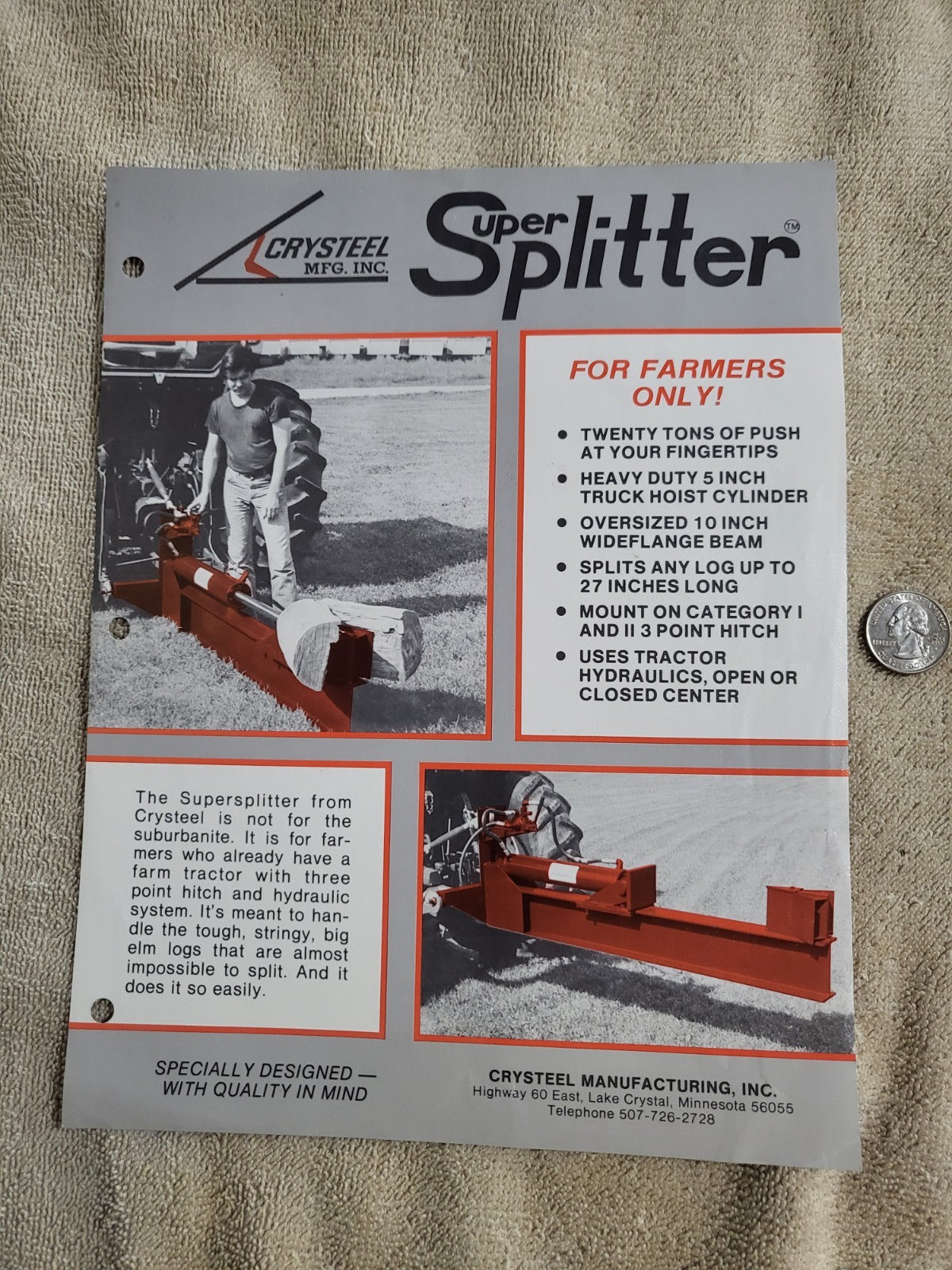 1970s Vintage CRYSTEEL Super Splitter Log Splitter BROCHURE 3-point Tractor