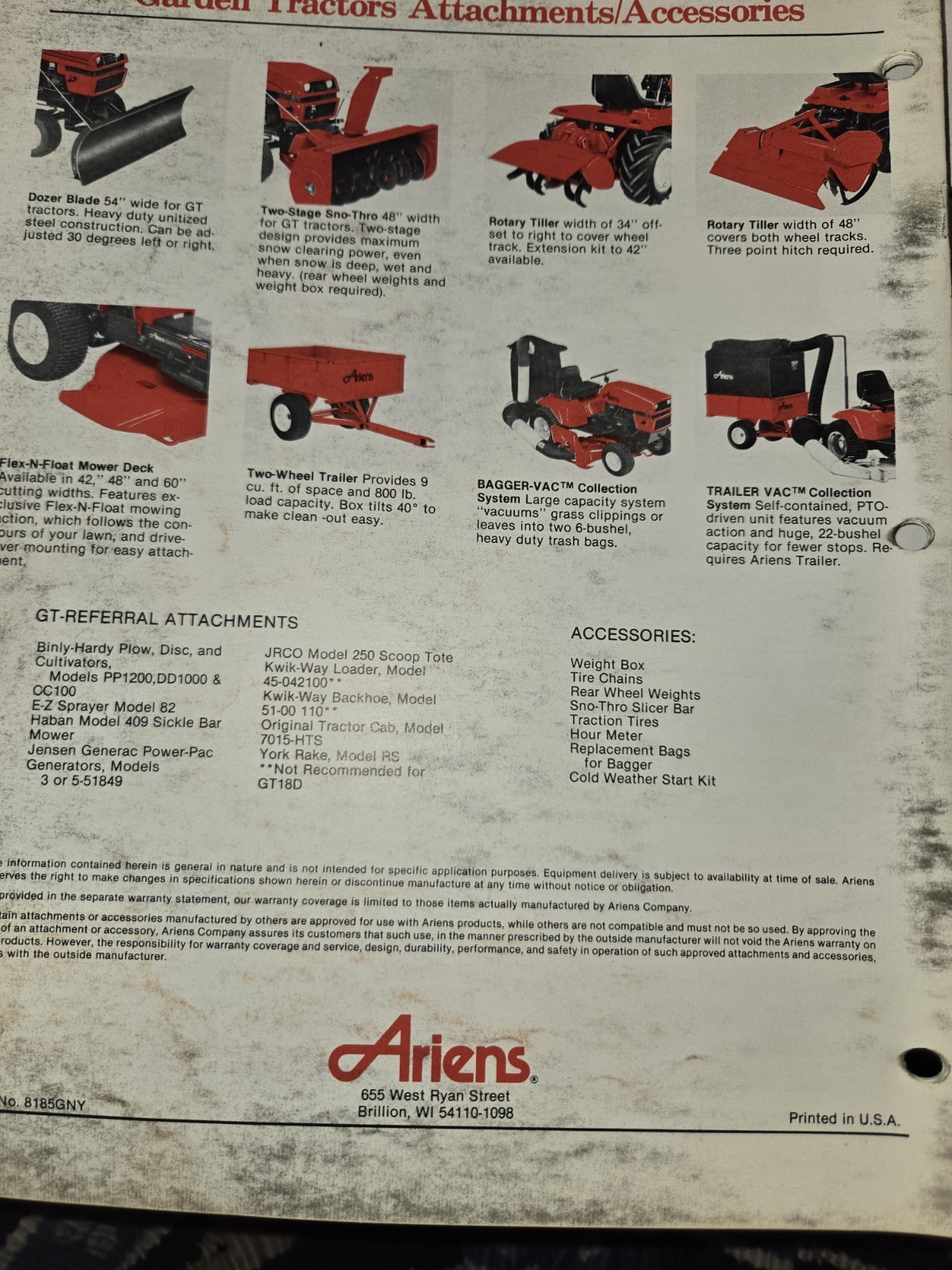 1985 ARIENS GARD N YARD PRODUCTS DEALERSHIP ADVERTISING BROCHURE