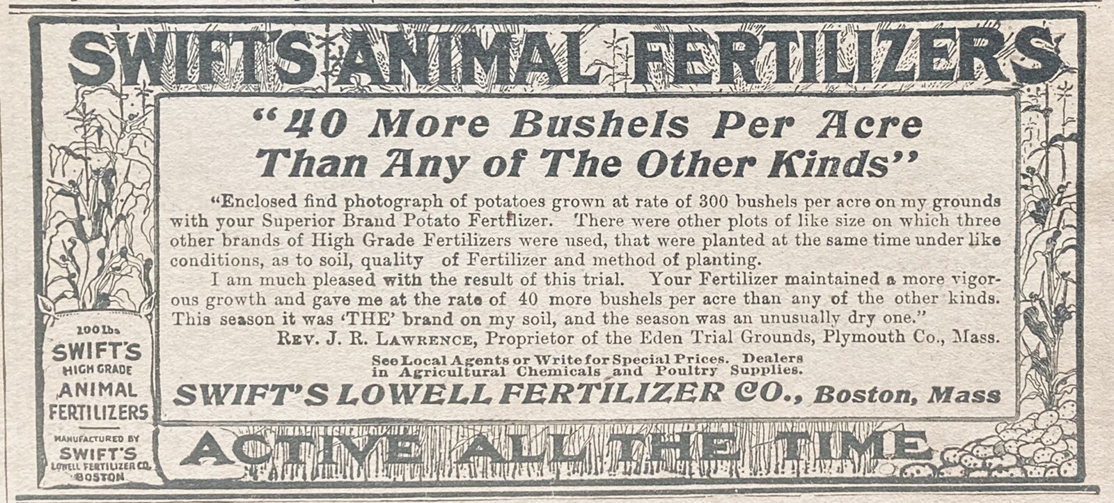1906 AD(XH34)~SWIFT’S LOWELL FERTILIZER CO. BOSTON. SWIFT’S ANIMAL FERTILIZERS