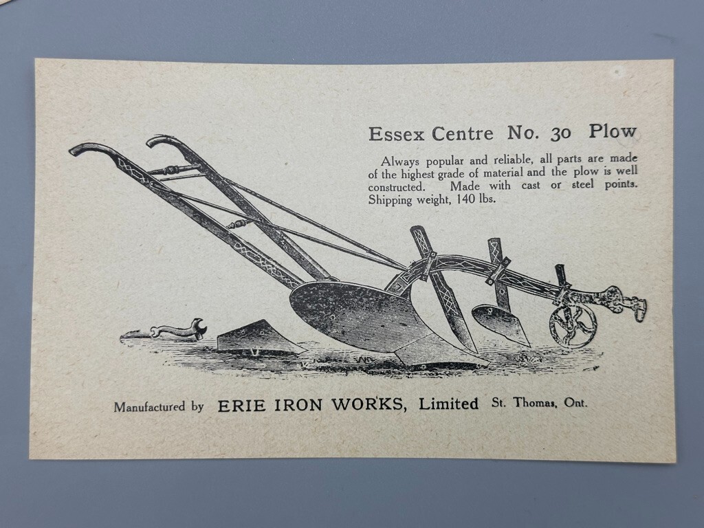 c 1900 ERIE IRON WORKS Cattle HOG TROUGH Hay Rack PLOW Farm Advertise Trade Card