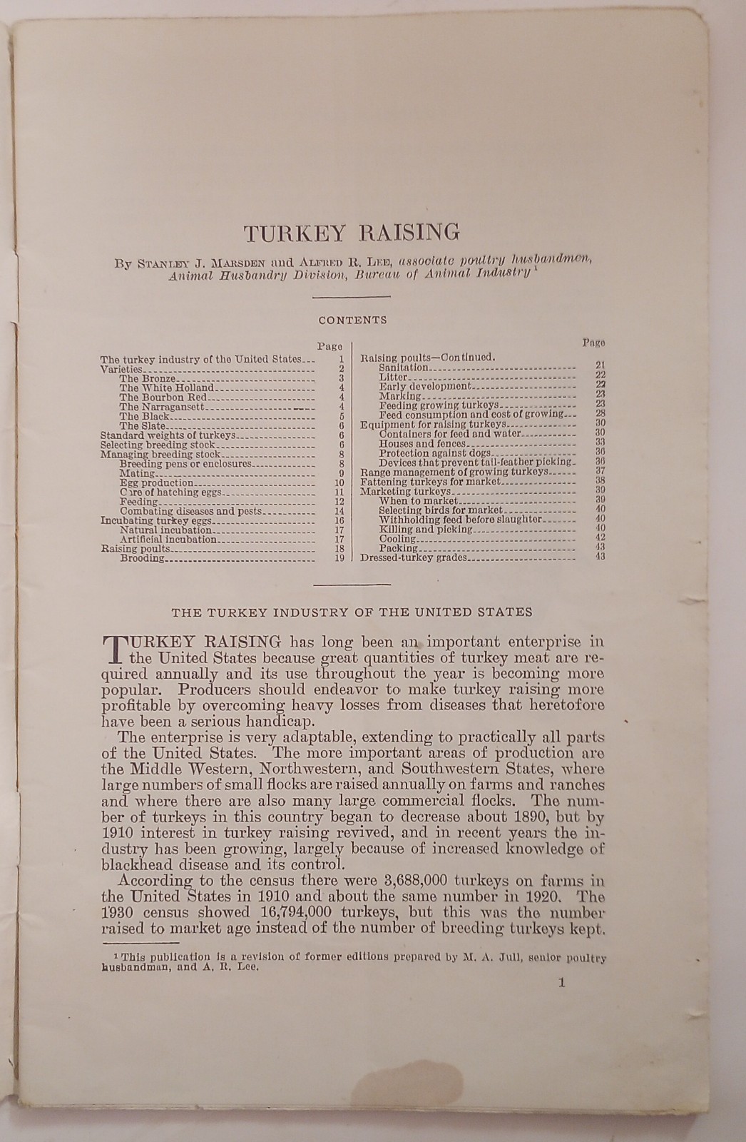 1939 Turkey Raising U.S. Dept. Of Agriculture Bulletin #1409