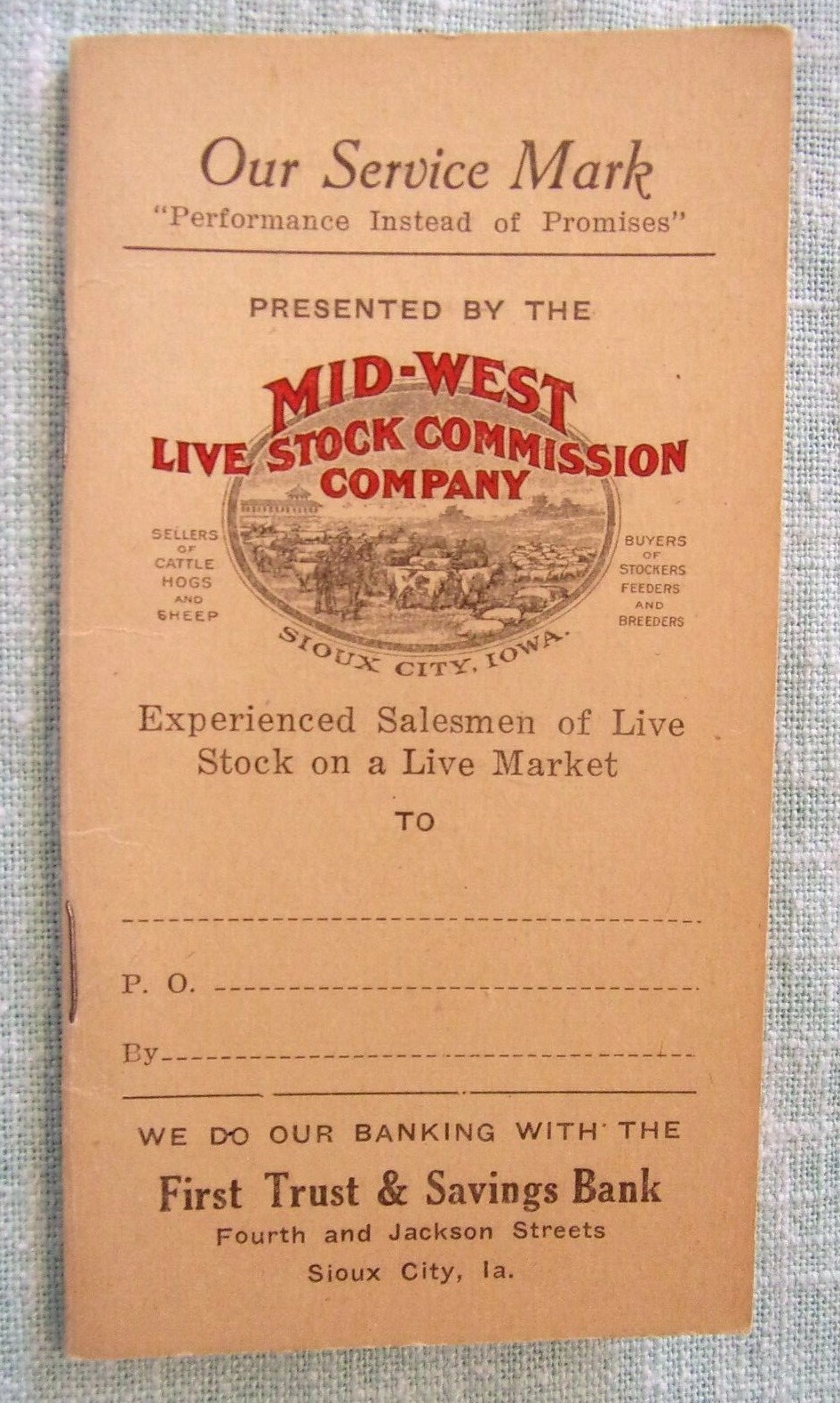 1925 MID-WEST LIVE STOCK COMMISSION COMPANY MEMO NOTE BOOK SOIUX FALLS IOWA