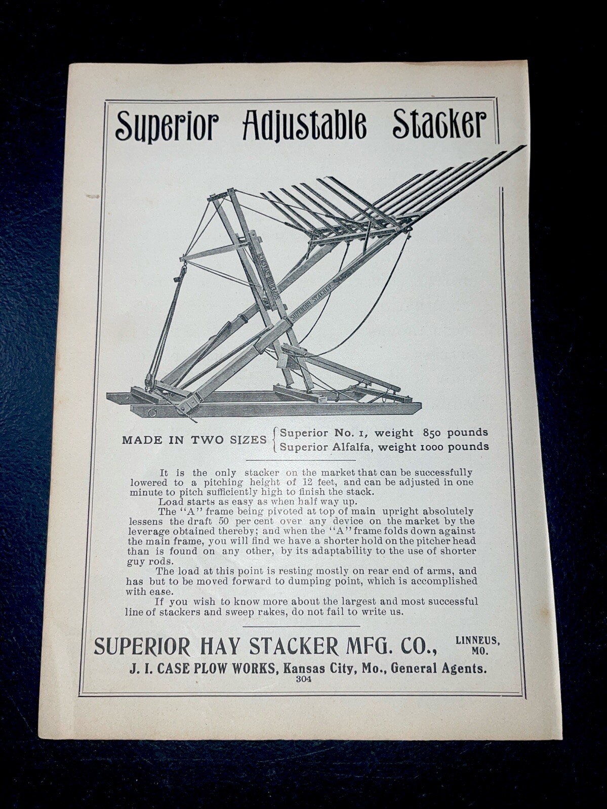 ORIGINAL 1907 Superior Adjustable Hay Stacker Farm Implement Advertising