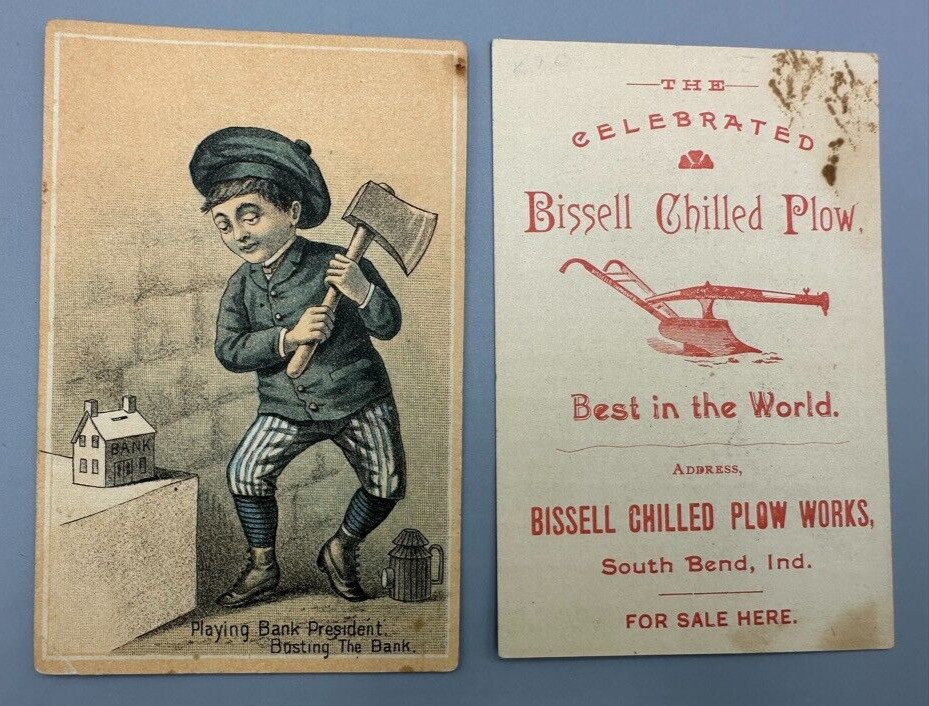 1880s BISSELL PLOW WORK Advertise FARM Trade Cards SOUTH BEND Indiana BANK BUST