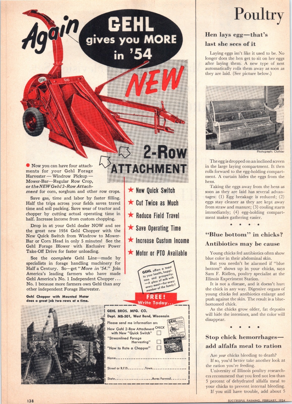 1954 GEHL Forage Harvester 2-Row Attachment 50&rsquo;s Vintage Print Ad