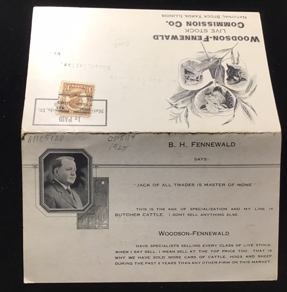 1925 NATIONAL STOCK YARDS IL WOODSON-FENNEWALD LIVE STOCK COMMISSION HOG PRICING