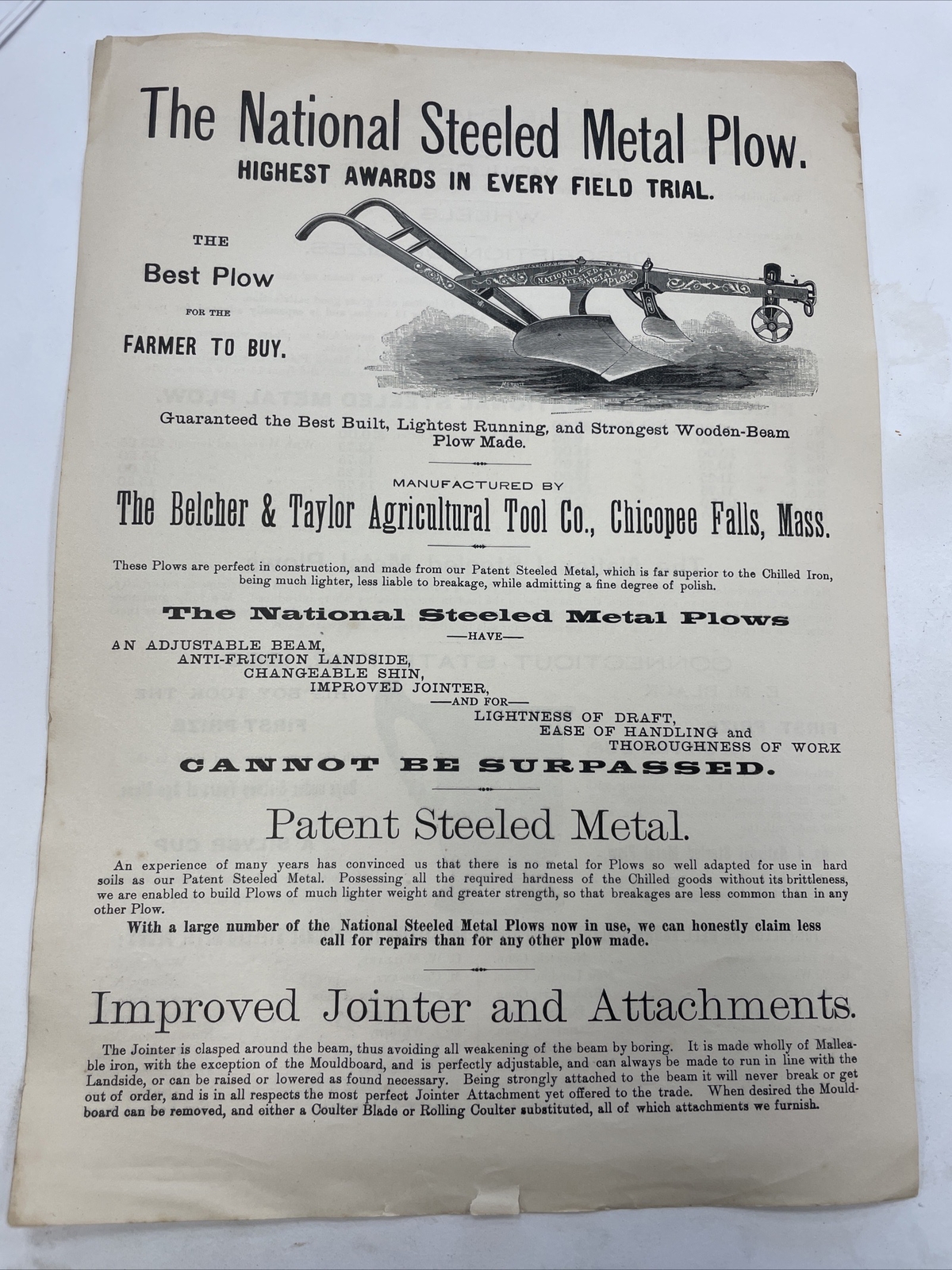 VINTAGE 1889 NATIONAL STEELED METAL PLOW ADVERTISEMENT