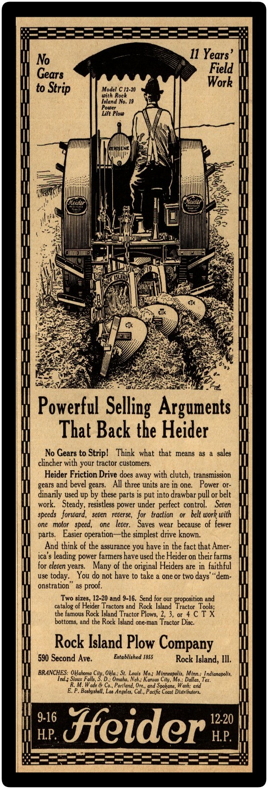 1919 Heider Tractors New Metal Sign: 6 x 18&Prime; Free Shipping Rock Island Plow Co.