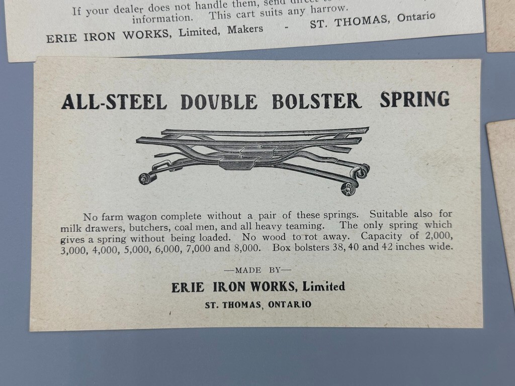 c 1900 ERIE IRON WORKS Cattle HOG TROUGH Hay Rack PLOW Farm Advertise Trade Card