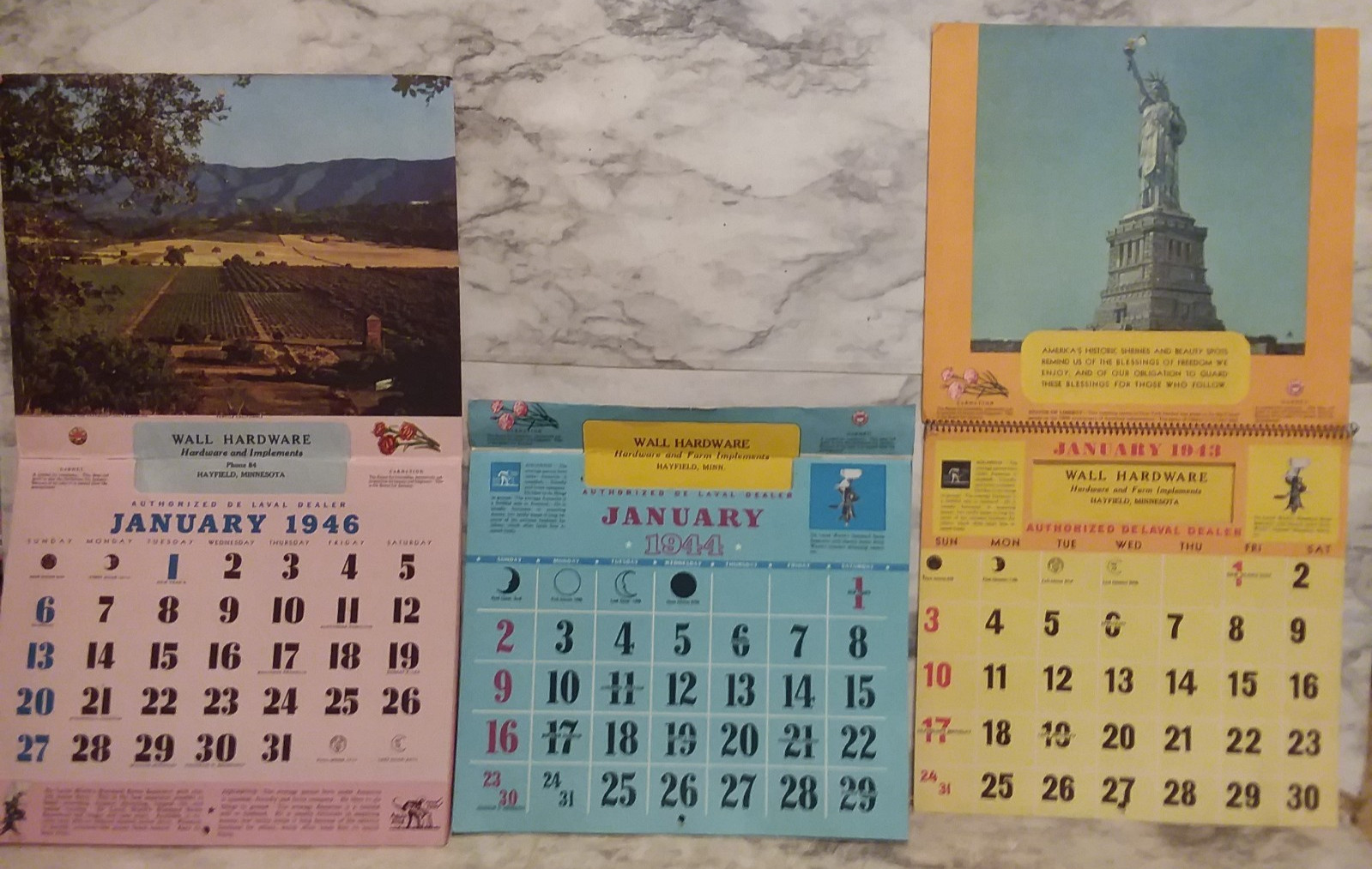 3 Vntg DE LAVAL Cream Separators Graphic Farm Ad WALL Calendars 1943, 1944, 1946