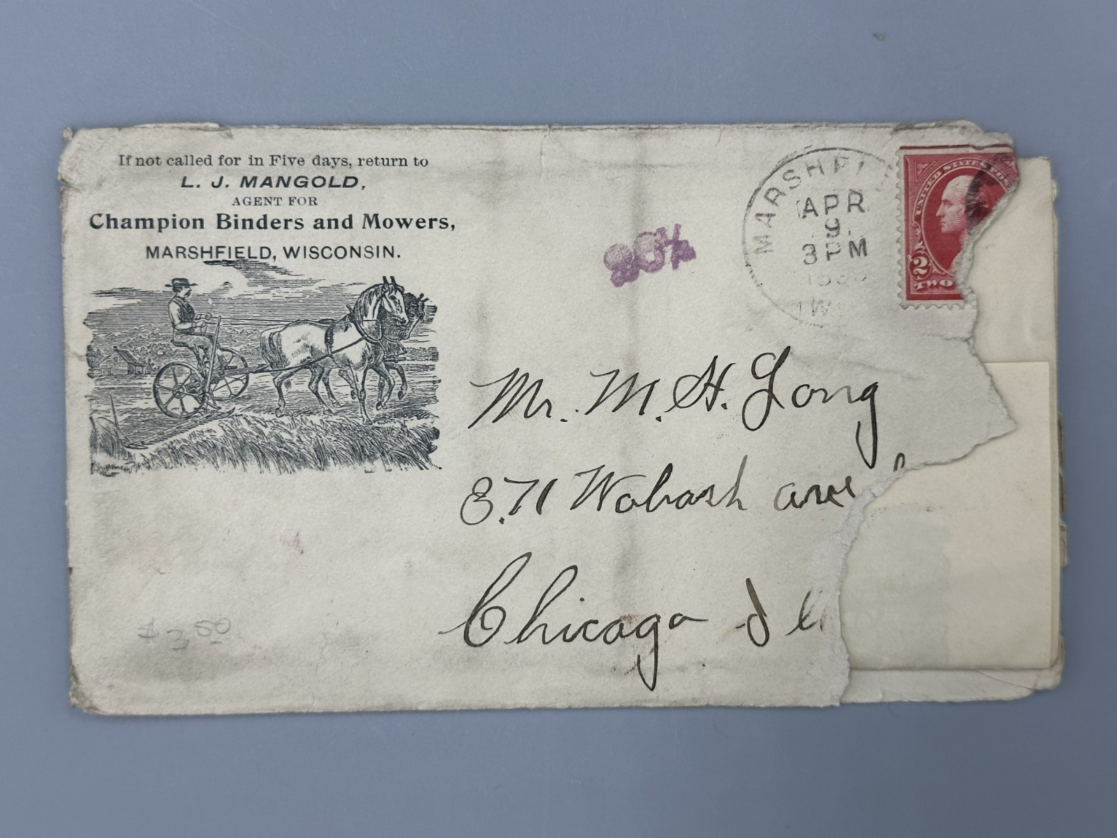 1896 CHAMPION Binders Mowers MARSHFIELD WI Postal Cover Letter FARM ADVERTISING