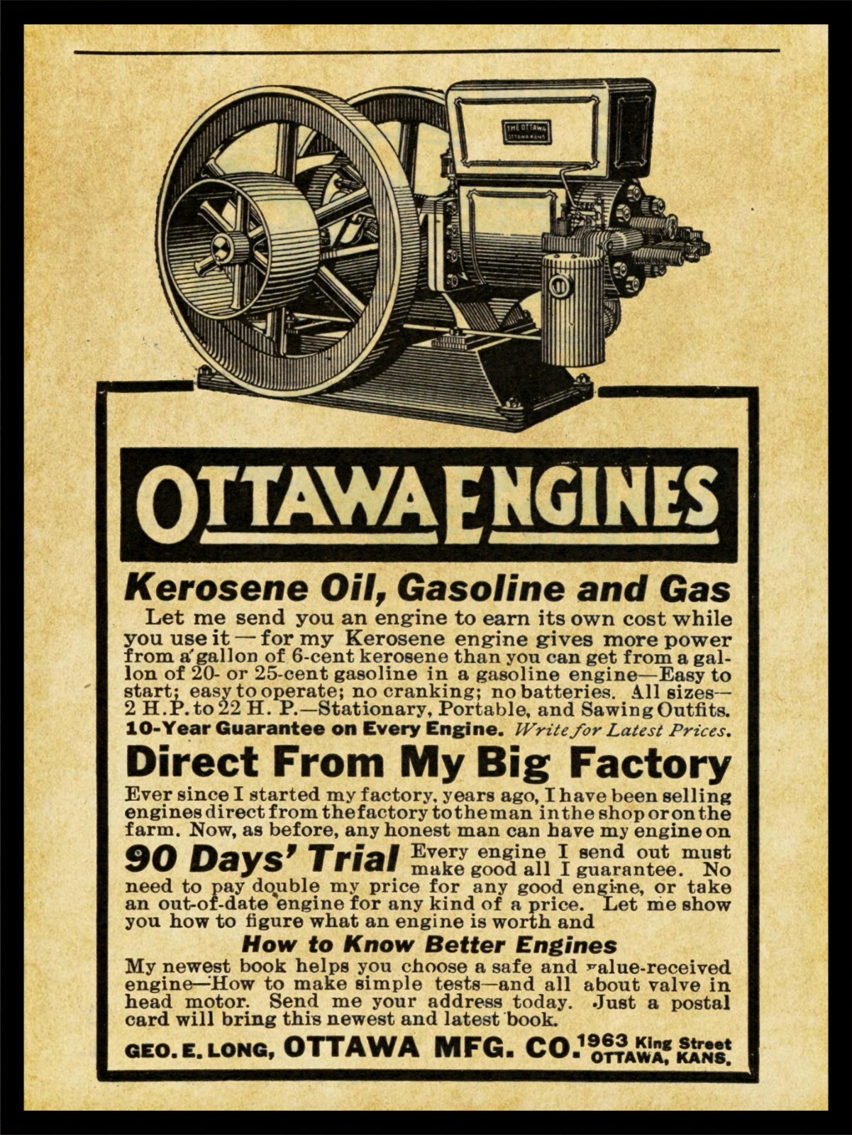 1917 Ottawa Engines NEW Metal Sign: Gas, Kerosene, Oil, Gasoline Ottawa, Kansas