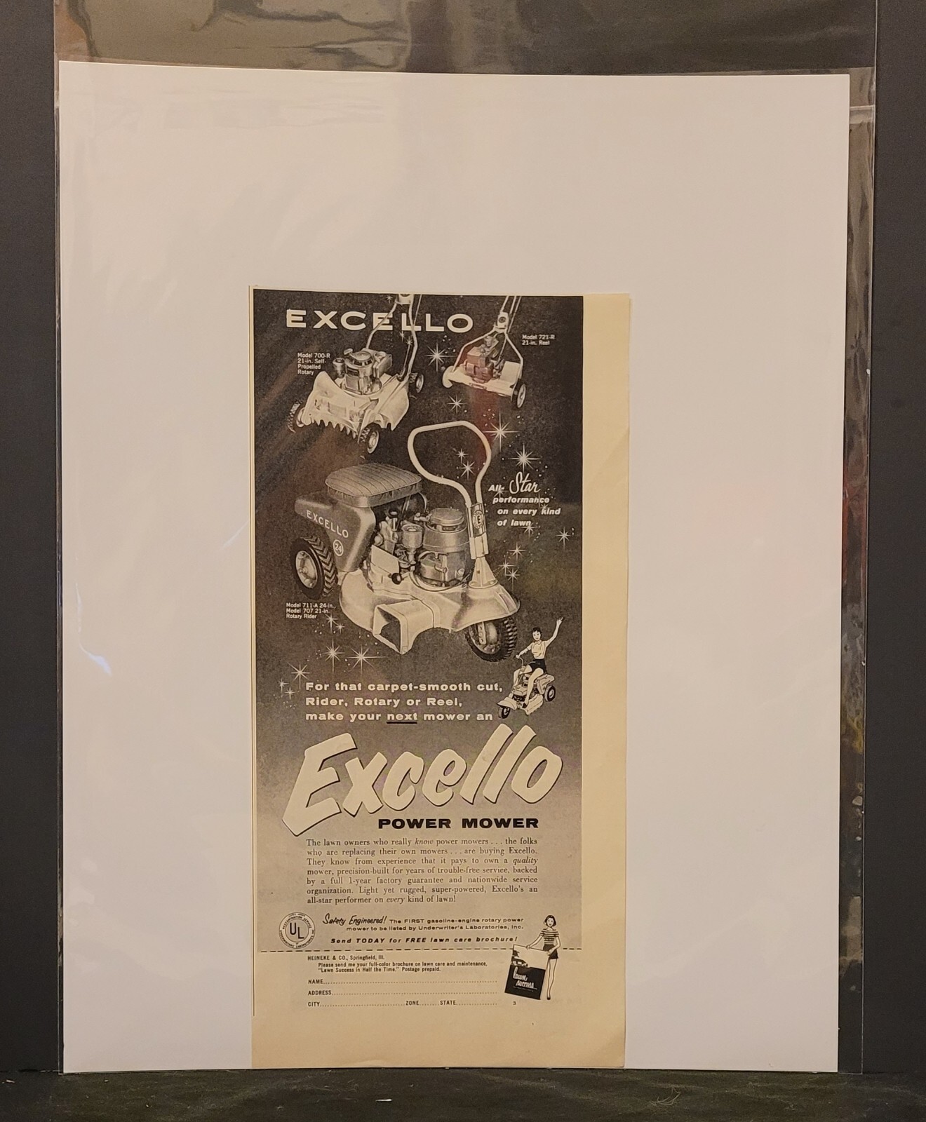 Excello Power Mower Riding Lawn Mower Vintage Print Ad 1958