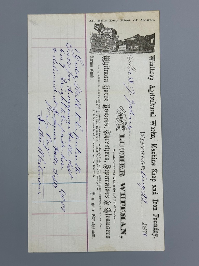 1873 WINTHROP AGRICULTURAL WORKS Whitman THRESHER Farm Advertising Billhead