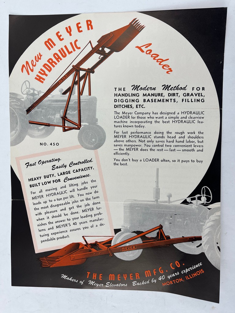 3 Meyer Mfg Co Hydraulic Loaders Farm Tractors Ad Sheets & Letter Morton 1954