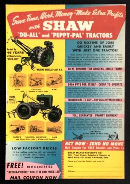 1949 Shaw Du-All & Peppy-Pal Walking or Riding Tractor AD Color Full page