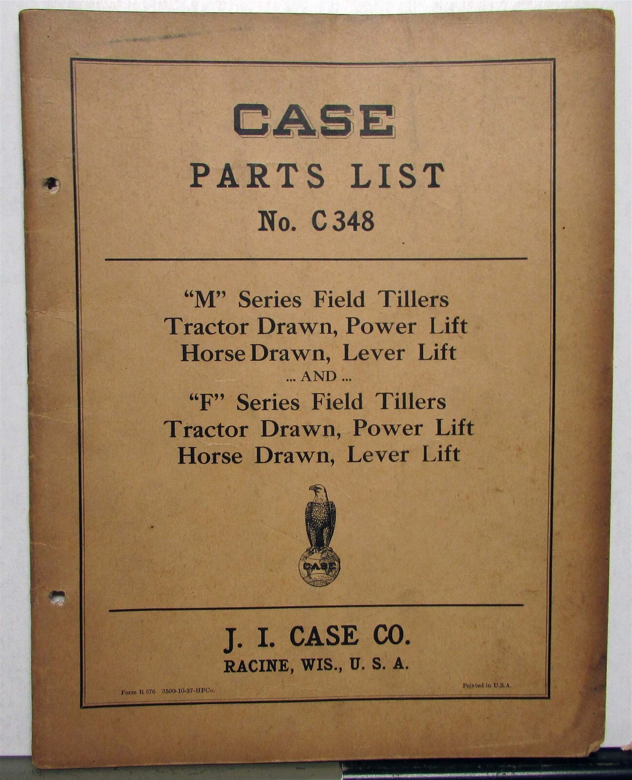 1938 Case F&M Series Field Tillers Specs Construction Repair Part List Catalog