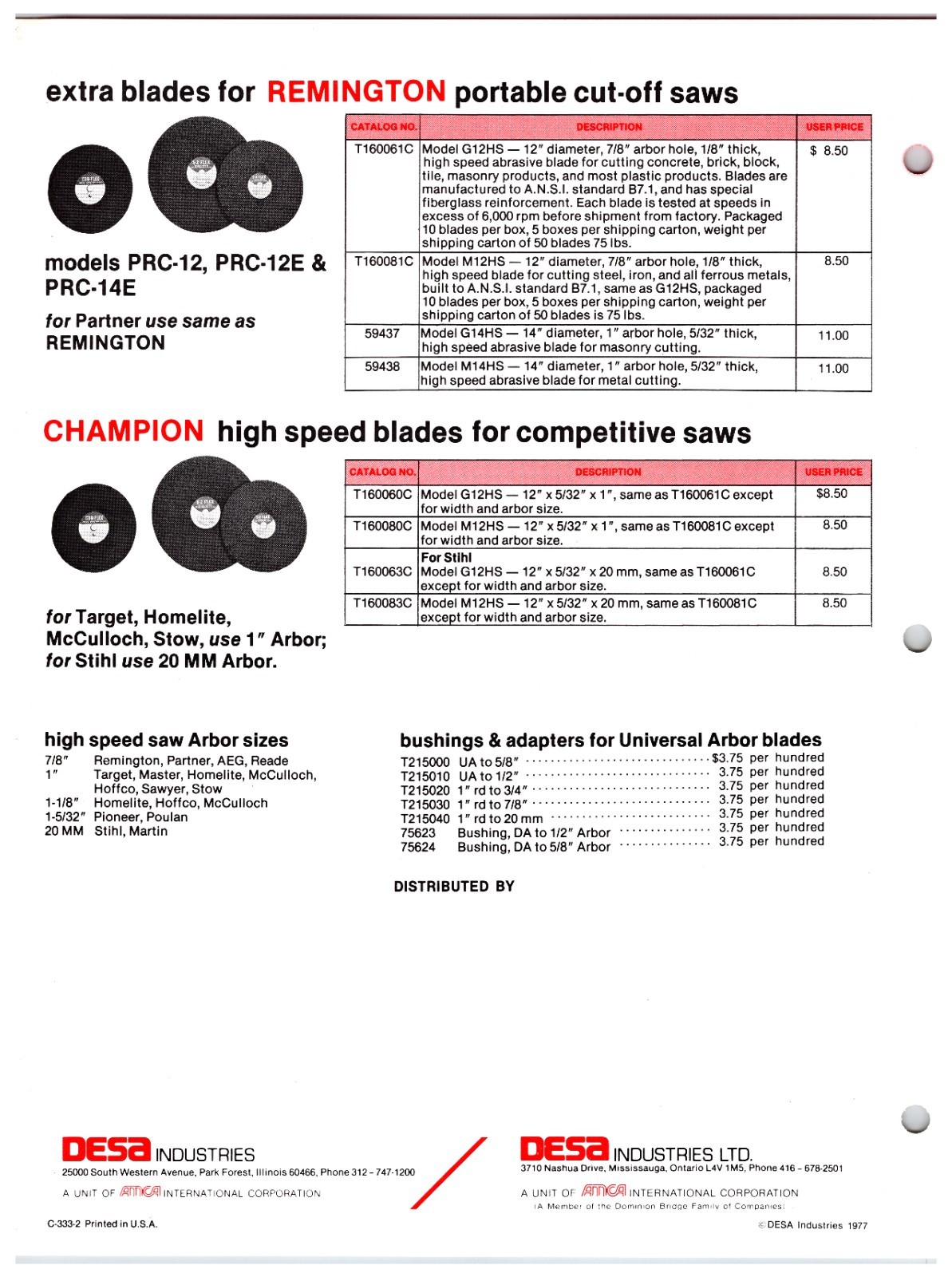 Original 1970s Remington Portable Cut off Saws Sales Info Sheet (All Models)