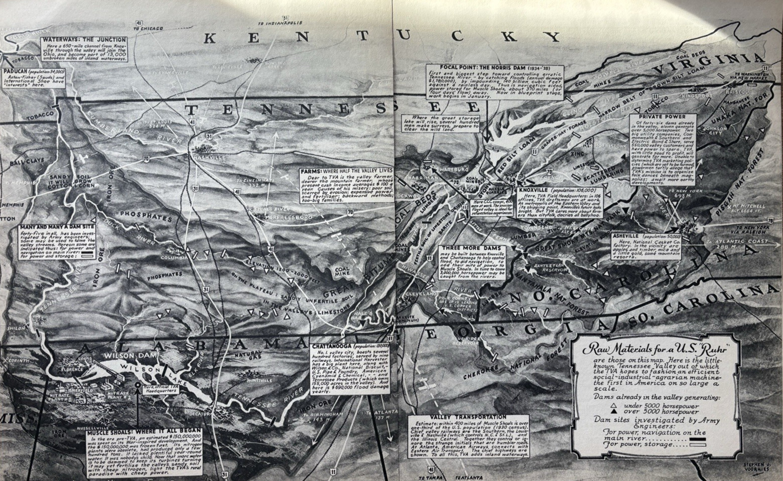 1930s Raw Materials For U.S. Ruhr Map Tennessee Valley TVA Dams VTG Prit Ad