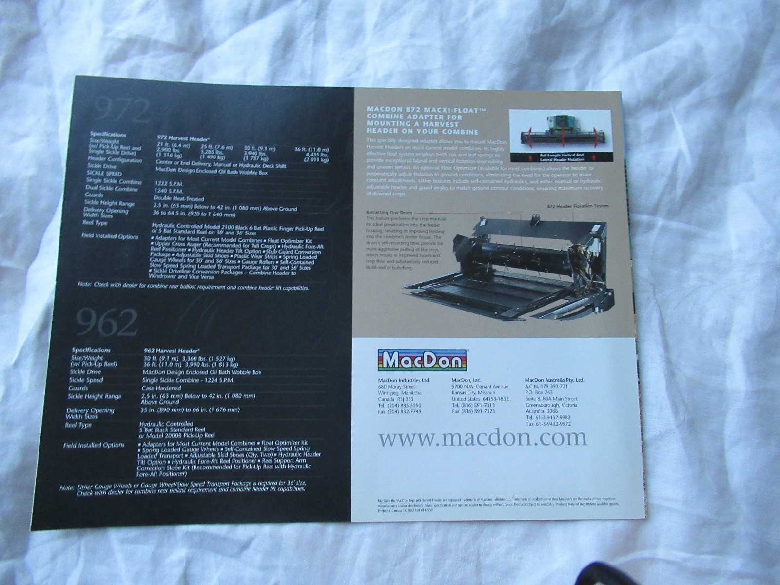 MacDon 962 972 harvest header brochure for John Deere combines