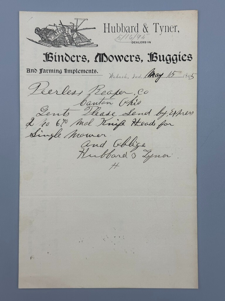 1895 FARM Machinery HUBBARD & TYNER Advertising Letterhead WABASH Indiana Antiq
