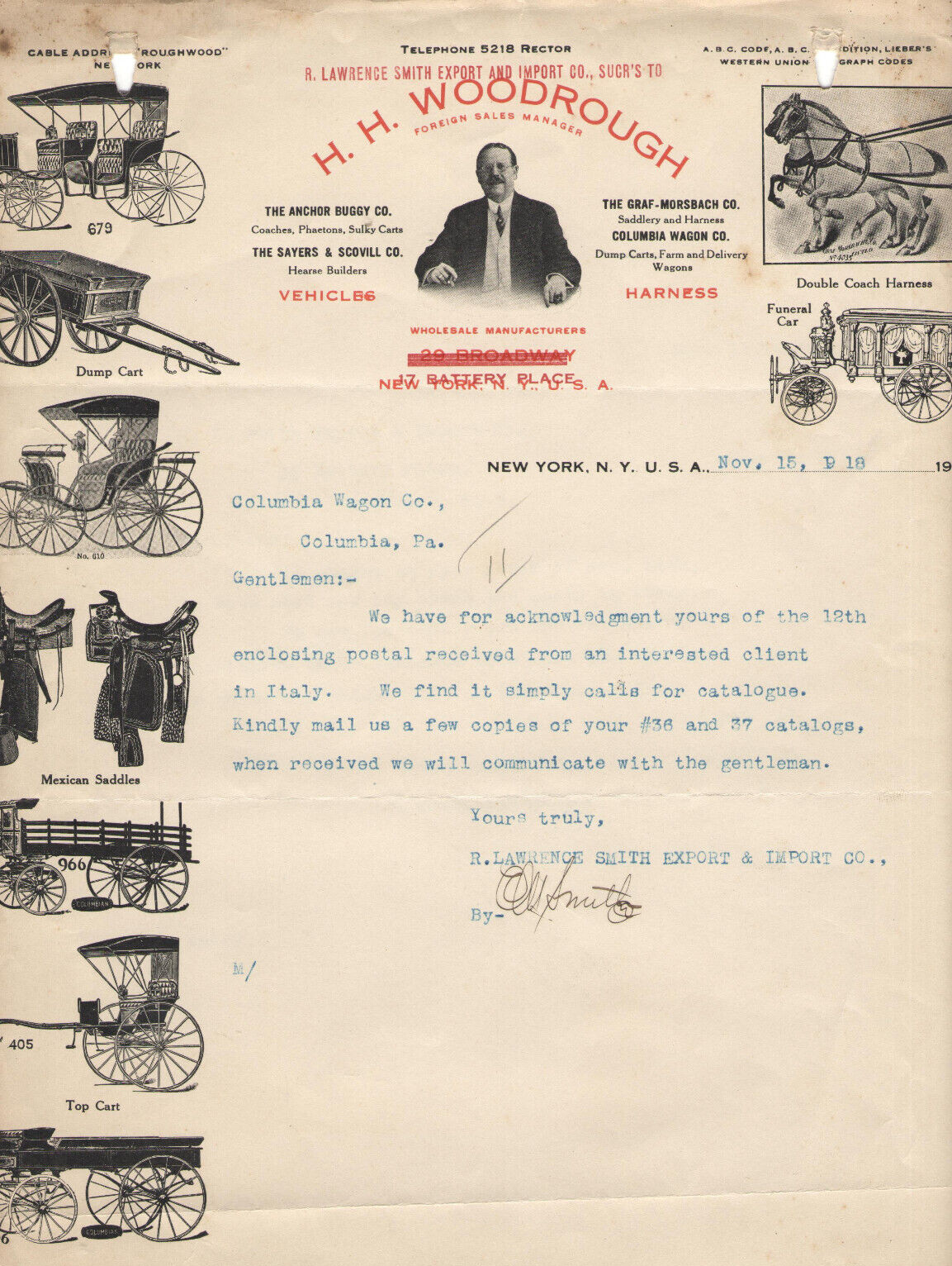 VTG 1919 IMPORT/EXPORT CO LETTERHEAD! FUNERAL CAR/MEXICAN SADDLE/COLUMBIAN WAGON