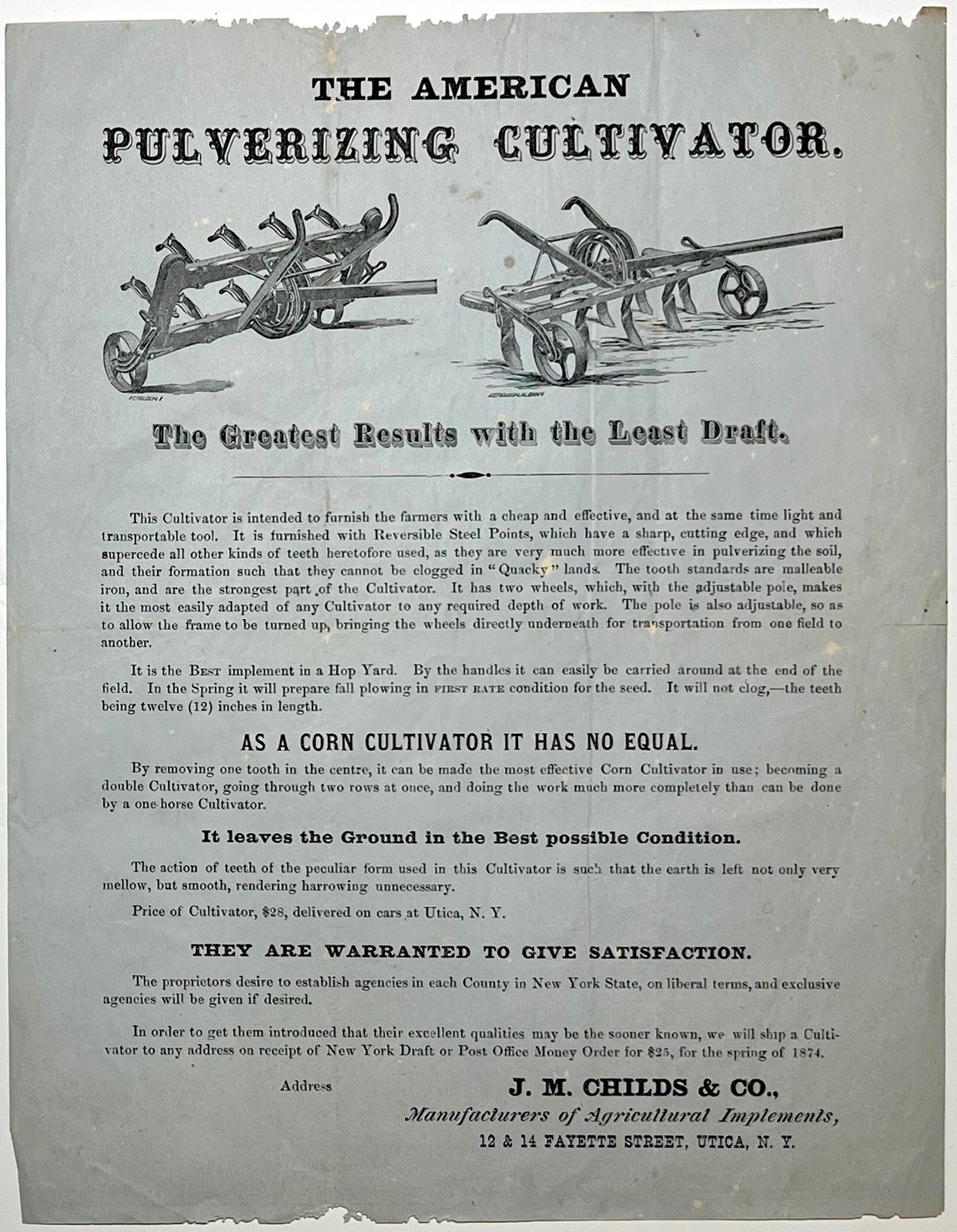 1874 AMERICAN PULVERIZING CULTIVATOR BROADSIDE CHILDS UTICA AGRICULTURAL VINTAGE