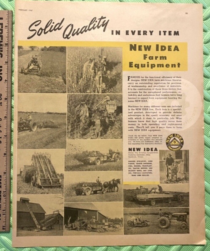 Original 1947 NEW IDEA Farm Equipment Print Ad Lot. 13.5 x 10.5 in. Tractors