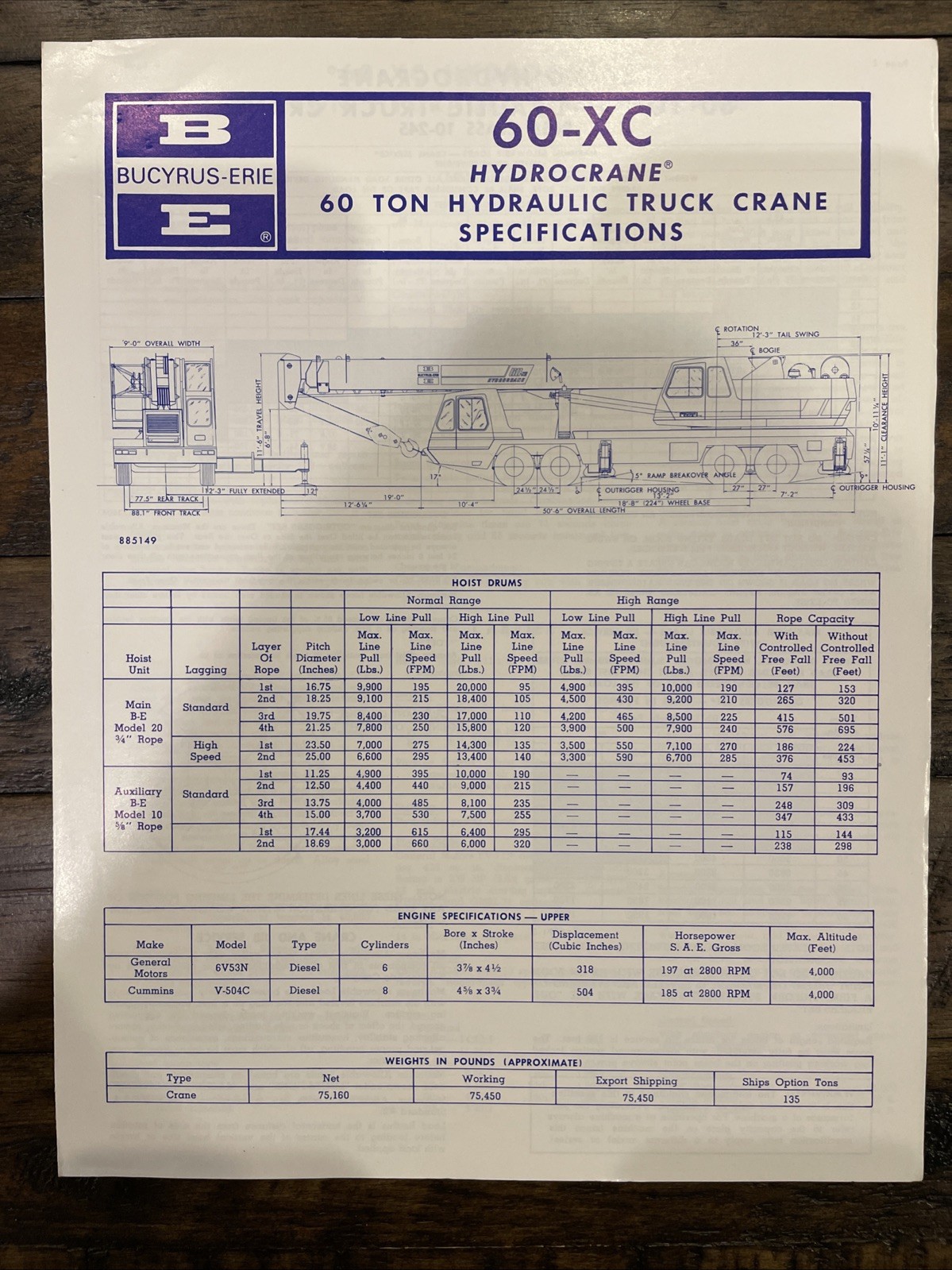 Bucyrus-Erie 60-XC Hydrocrane 60 Ton Hydraulic Truck Crane Specifications