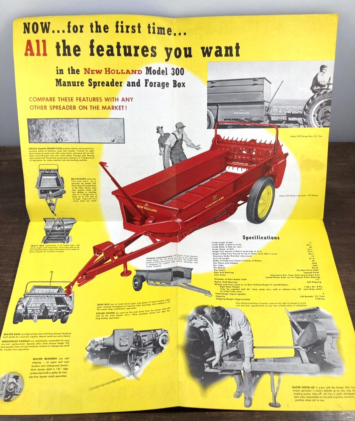 New Holland Model 300 130 Manure Spreader 1950&rsquo;s Sales Brochure Foldout Poster