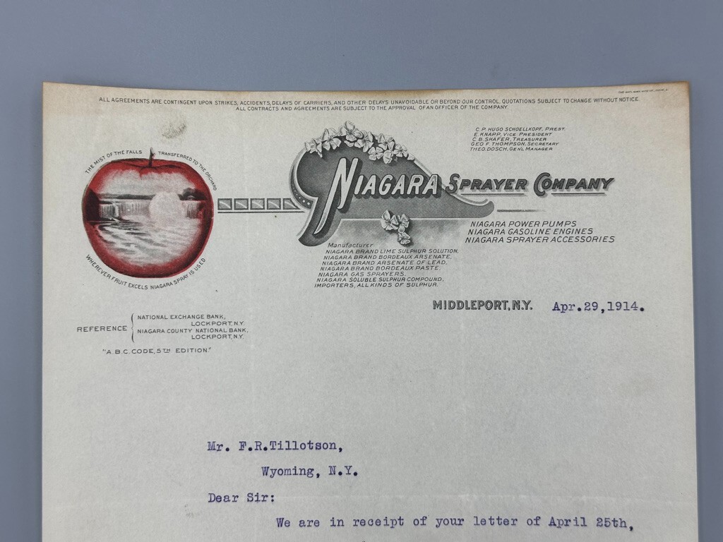 1914 NIAGARA Sprayer Co APPLE Advertising FARM Letter MIDDLEPORT NY Antique