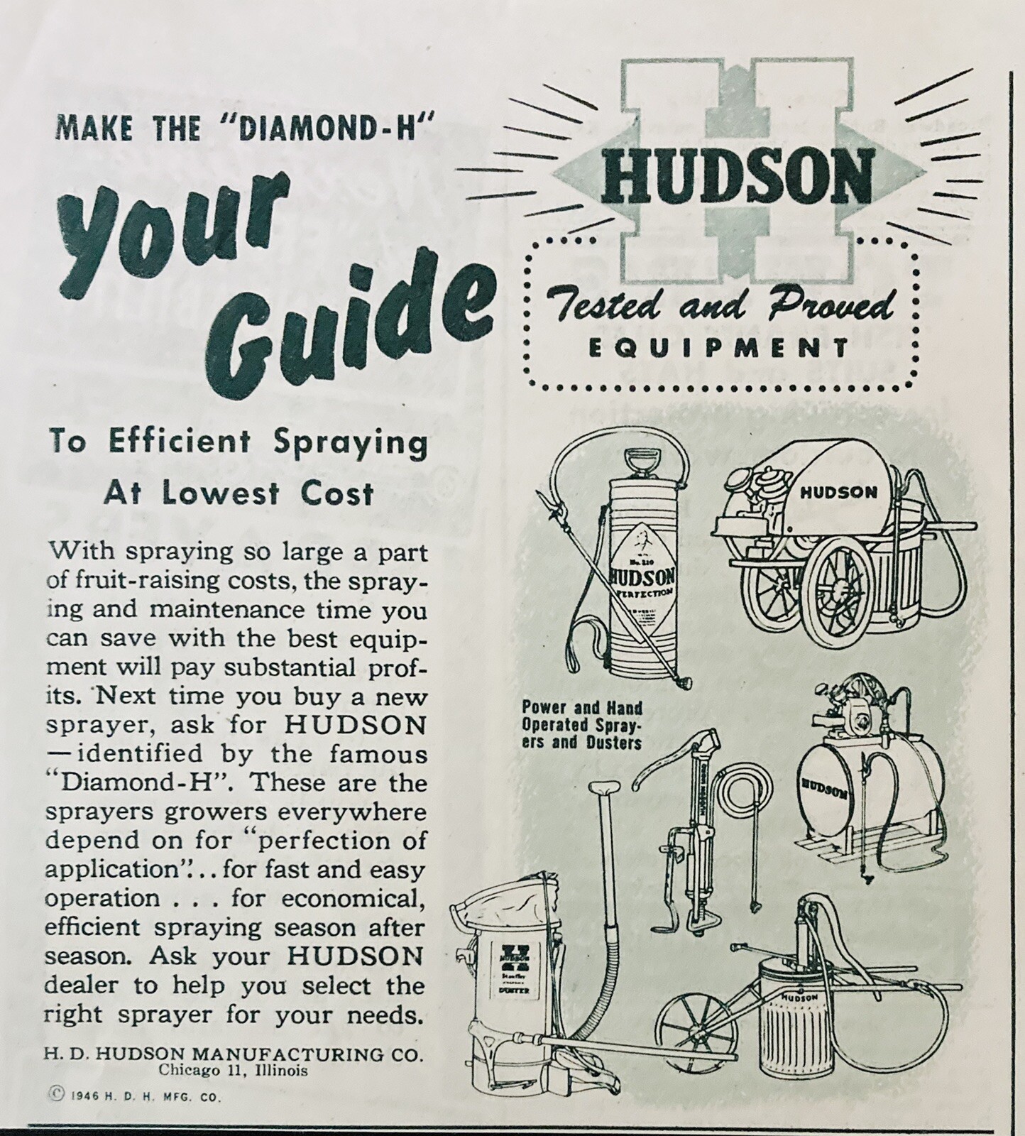 1946 AD.(XF8))~H.D. HUDSON MFG. CO. CHICAGO. HUDSON DIAMOND-H SPRAYERS