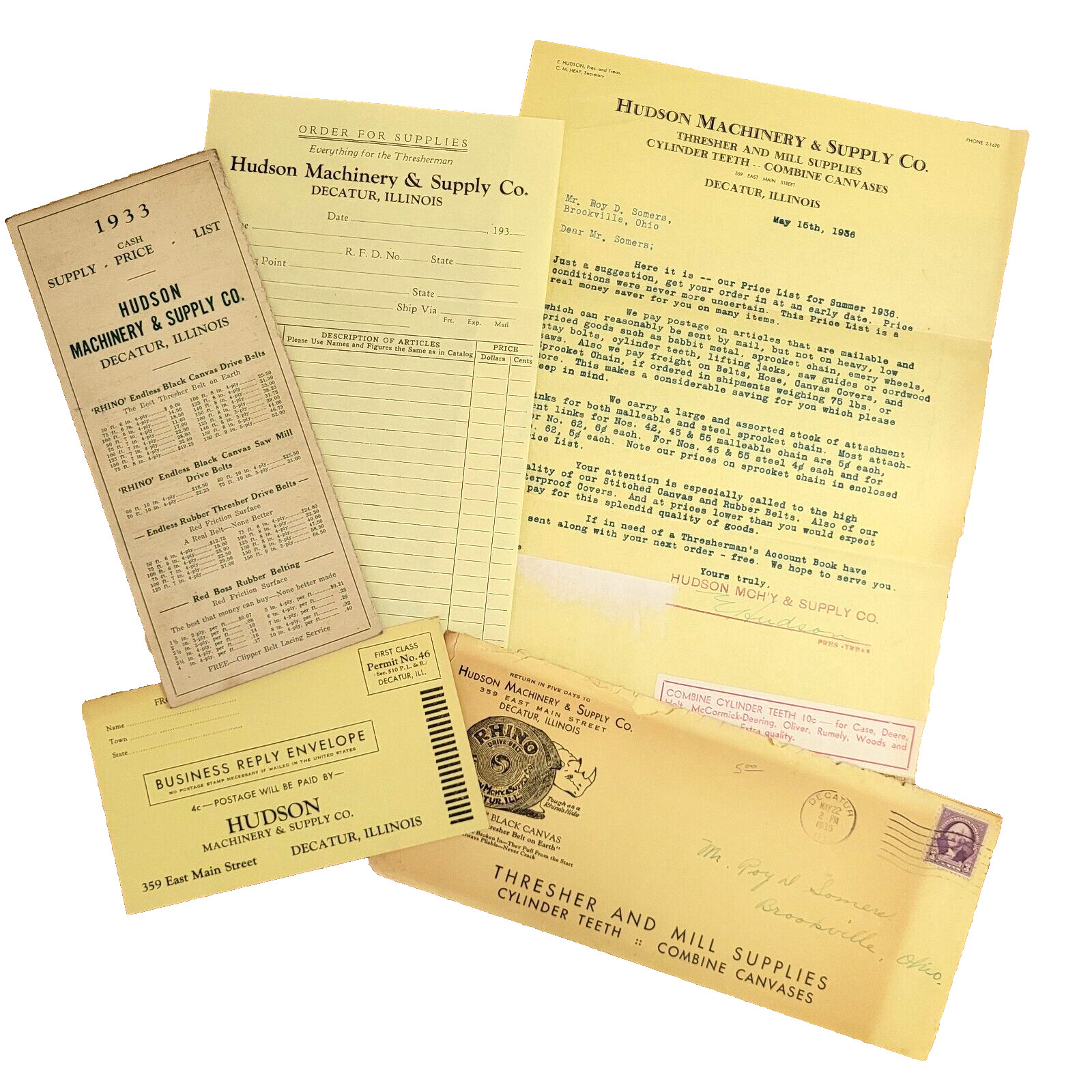 1936 Hudson Machinery Supply Co. Decatur Illinois Catalog Price List Letterhead