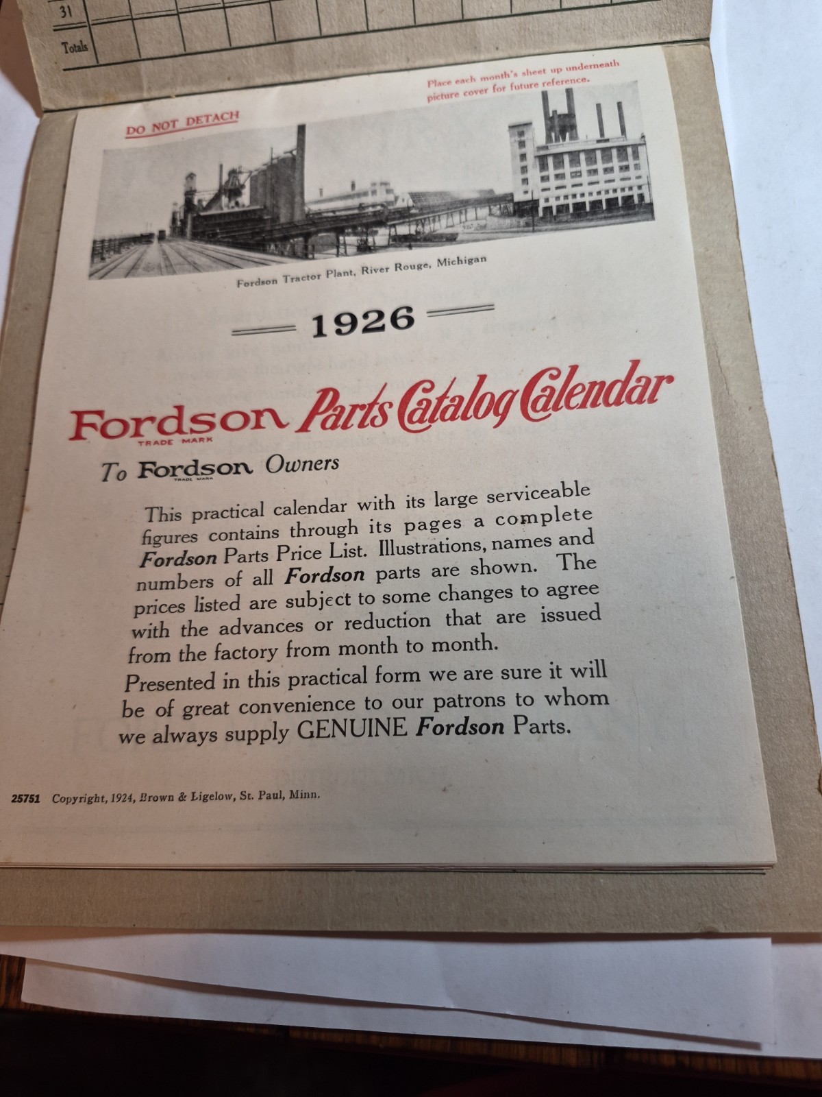 RALPH FULTON FORDSON TRACTOR CALENDAR AND PARTS LIST VINTAGE 100 Years Old! 1926