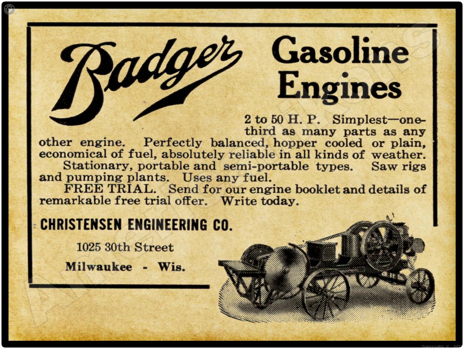 1910 Christensen Co. Beaver Gas Engines New Metal Sign: Large Size – 12 x 16