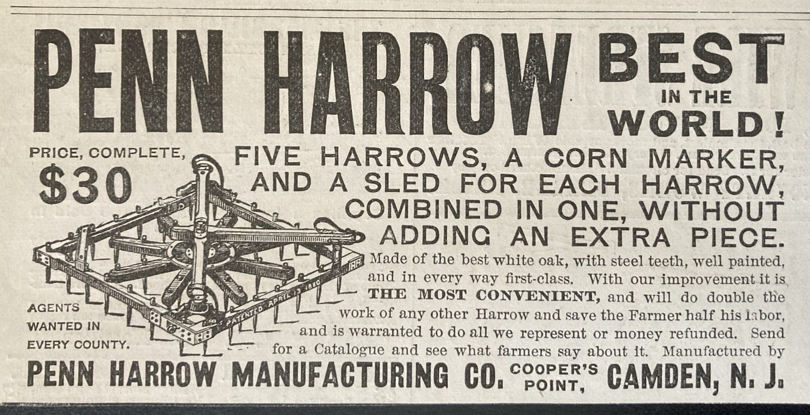 1882 AD.(XH84)~PENN HARROW MFG. CO. CAMDEN, NJ. PENN HARROW’S