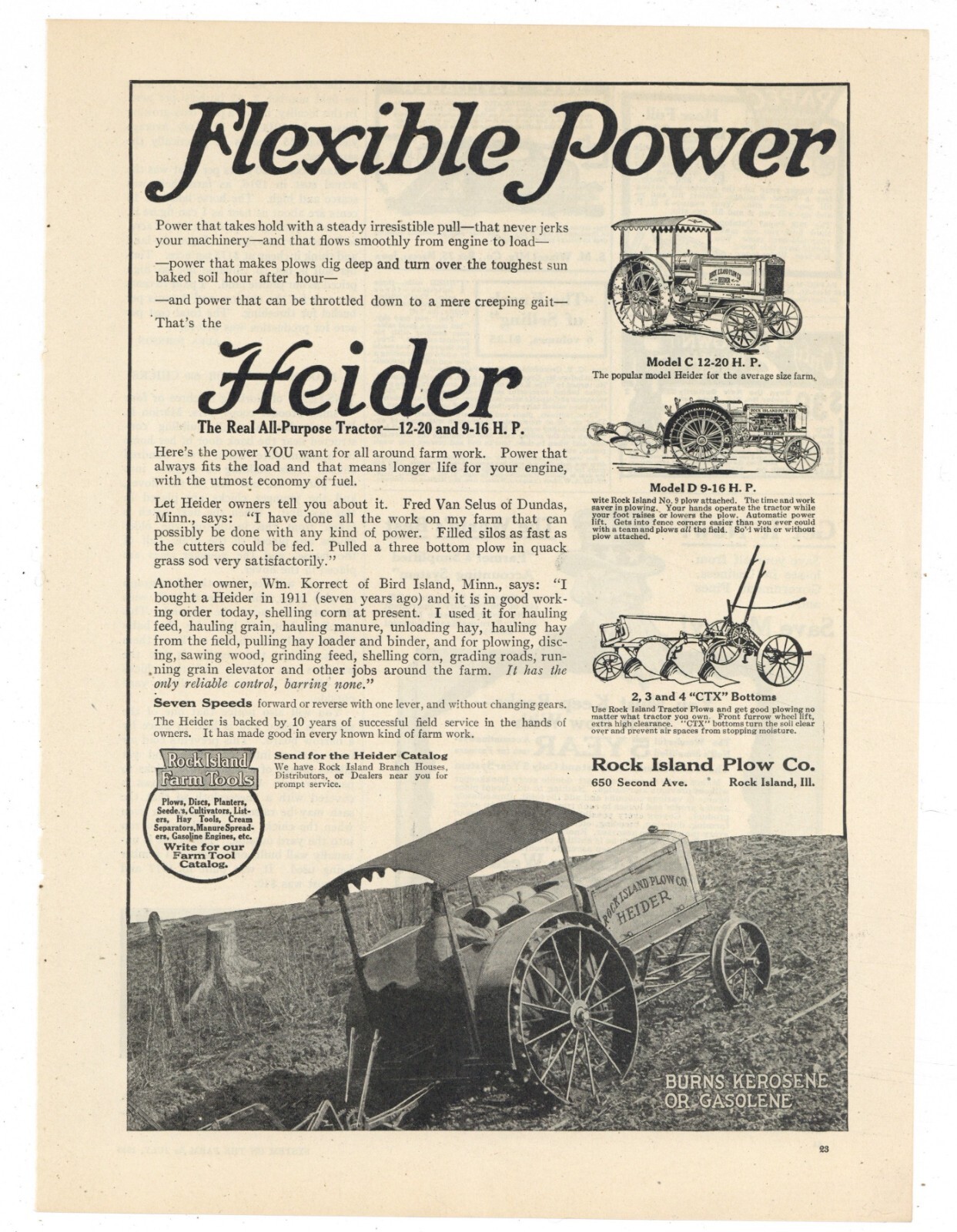1918 Rock Island Plow Co. Ad: Heider All Purpose Tractor – Rock Island, Illinois