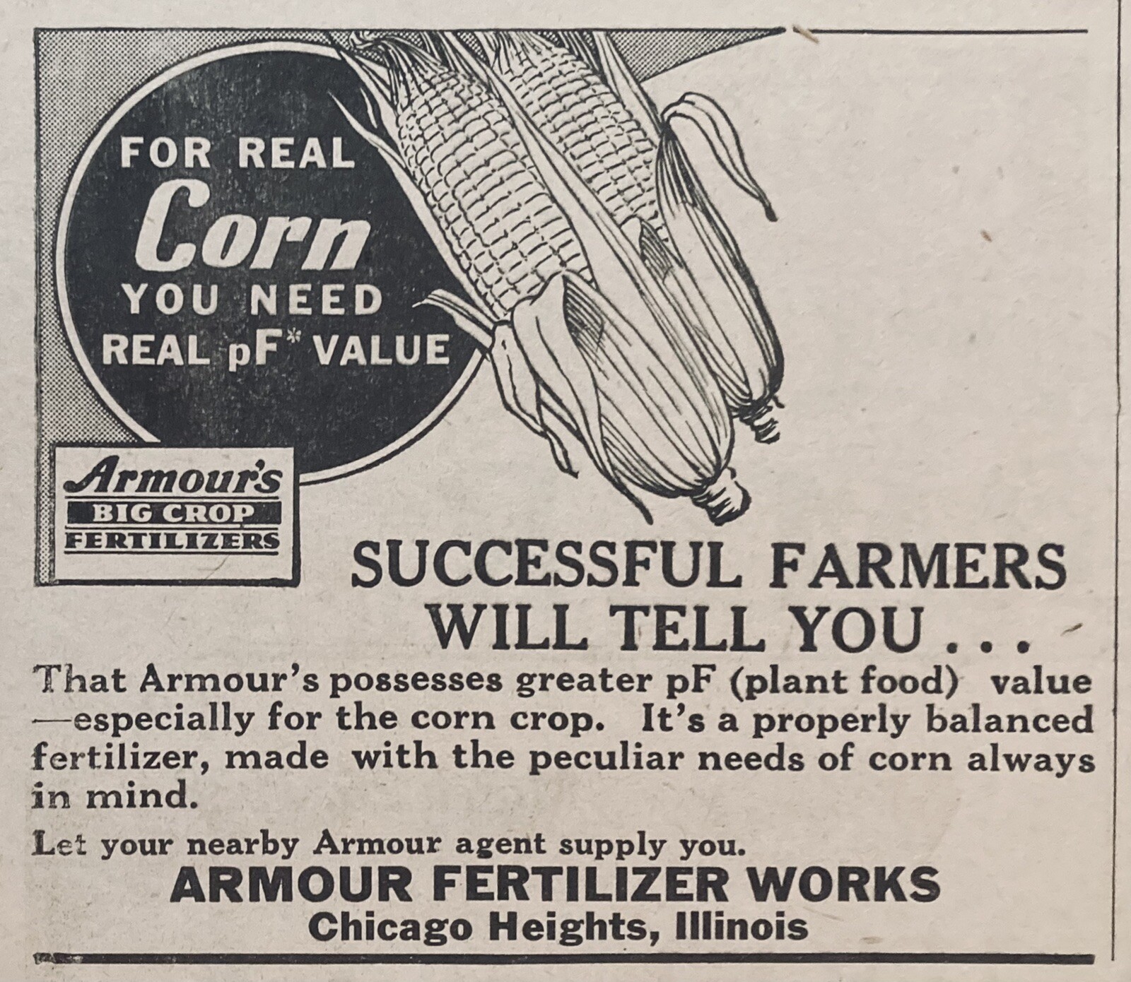 1938 AD.(XH15)~ARMOUR FERTILIZER WORKS, CHICAGO HEIGHTS. BIG CROP FERTILIZERS