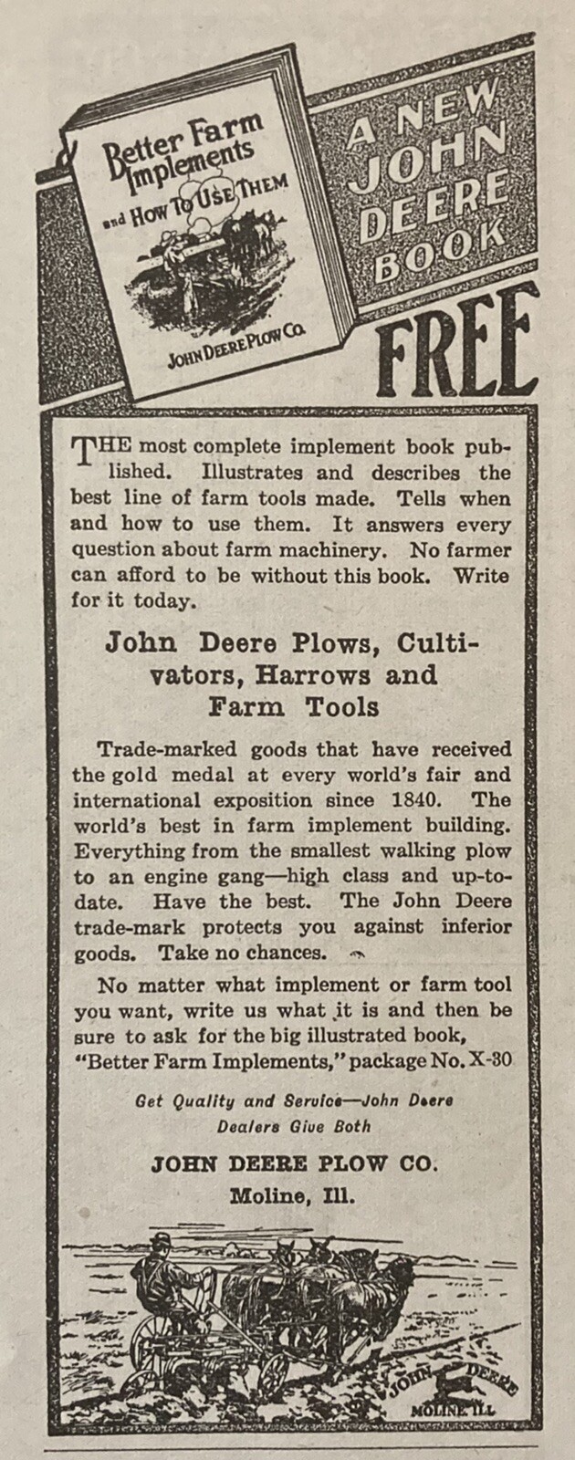 1912 AD(XH26)~JOHN DEERE PLOW CO. MOLINE, ILL. JOHN DEERE IMPLEMENTS BOOK AD.