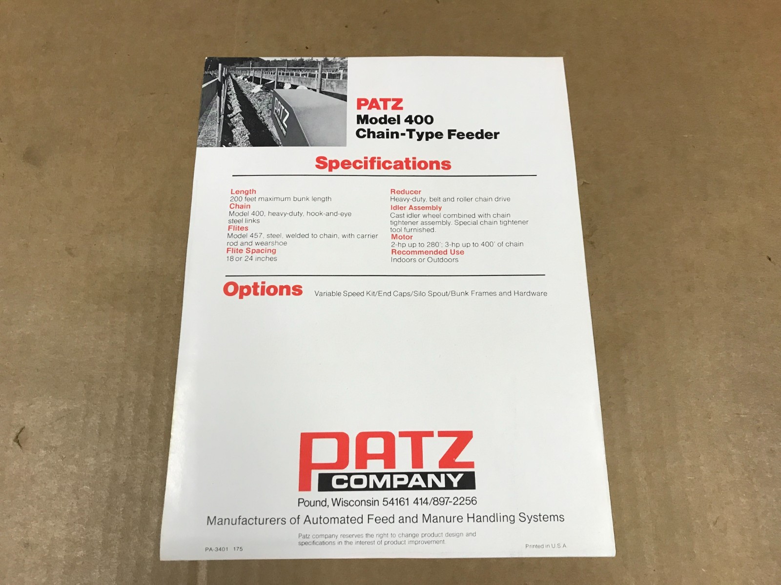 Vintage PATZ – Model 400 Chain-Type Feeder – Sales Flyer