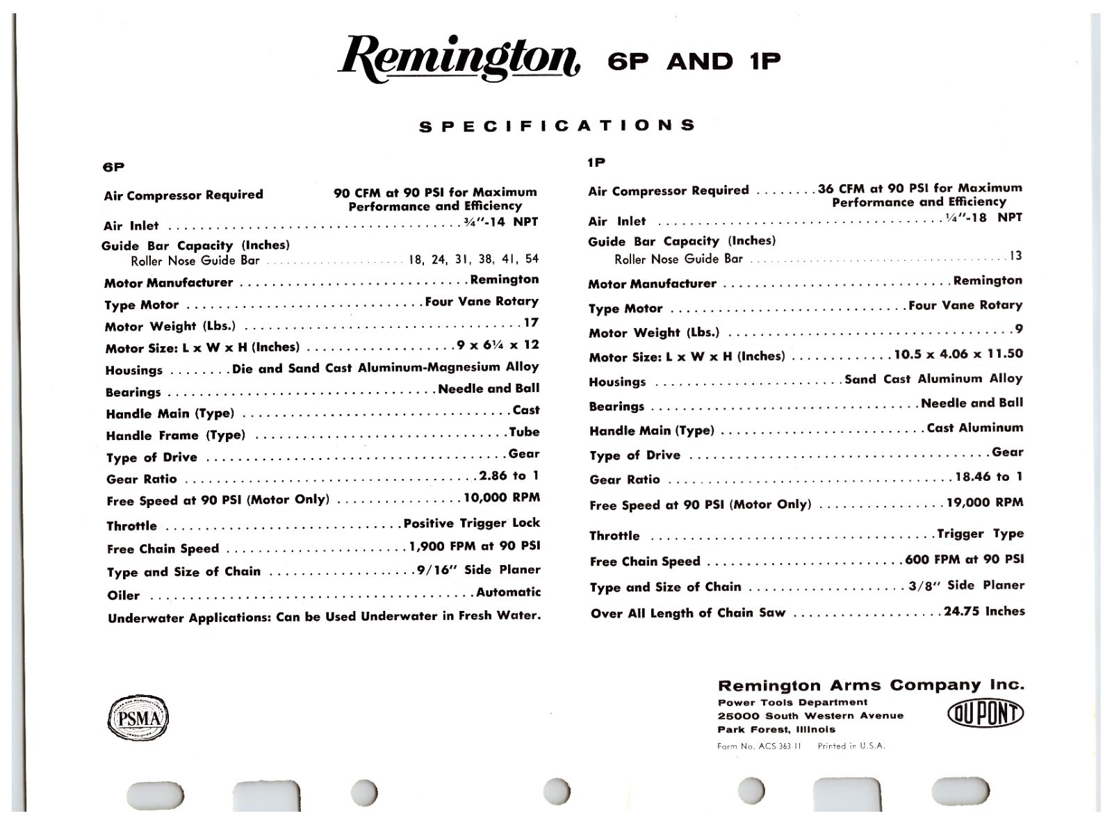 Original Remington Electric Chainsaws Sales Sheet (Model – 6P & 1P) Info Sheet