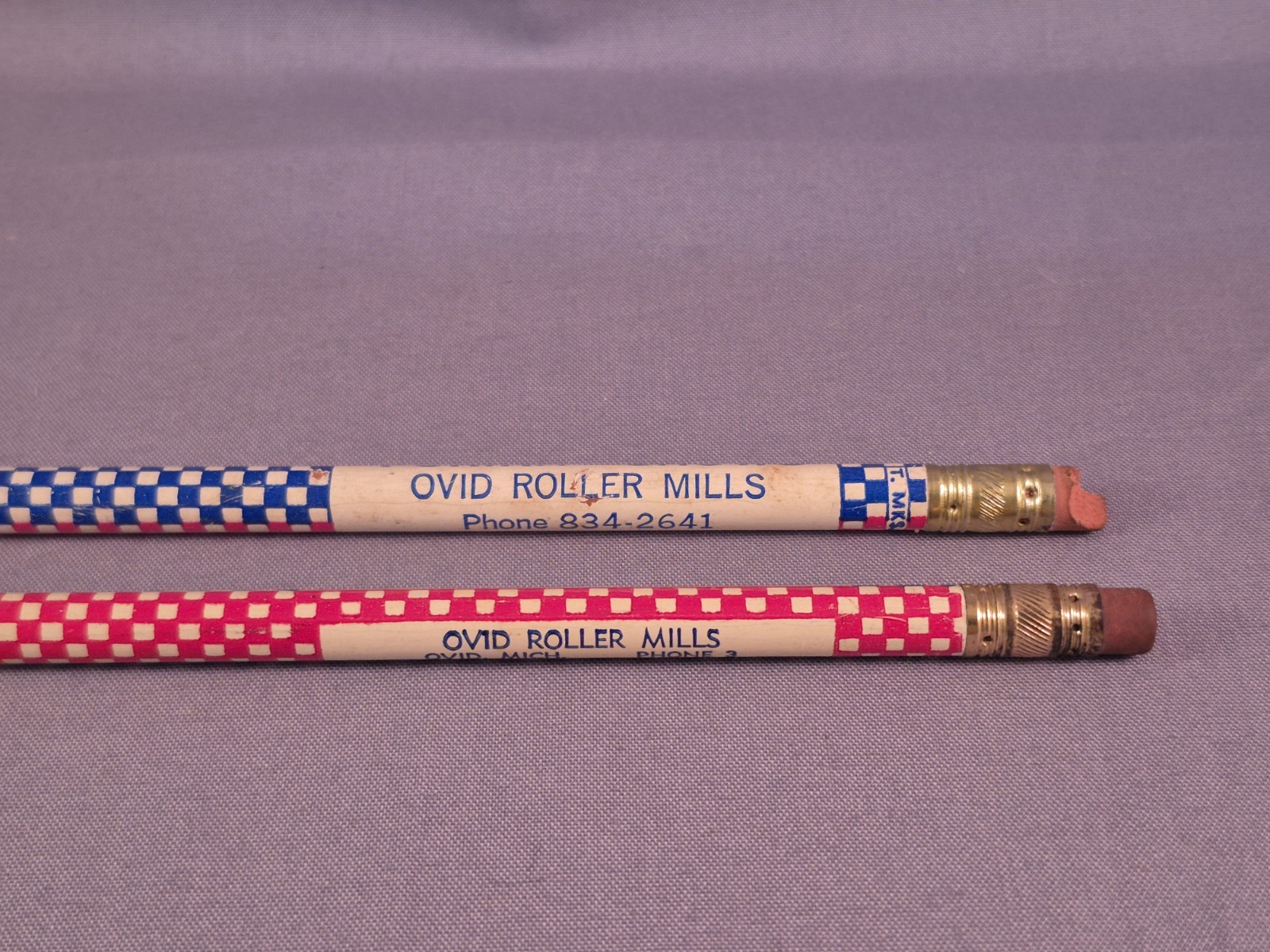 Two Vintage Pencils Purina Chow Ovid Roller Mills Michigan Advertisement White