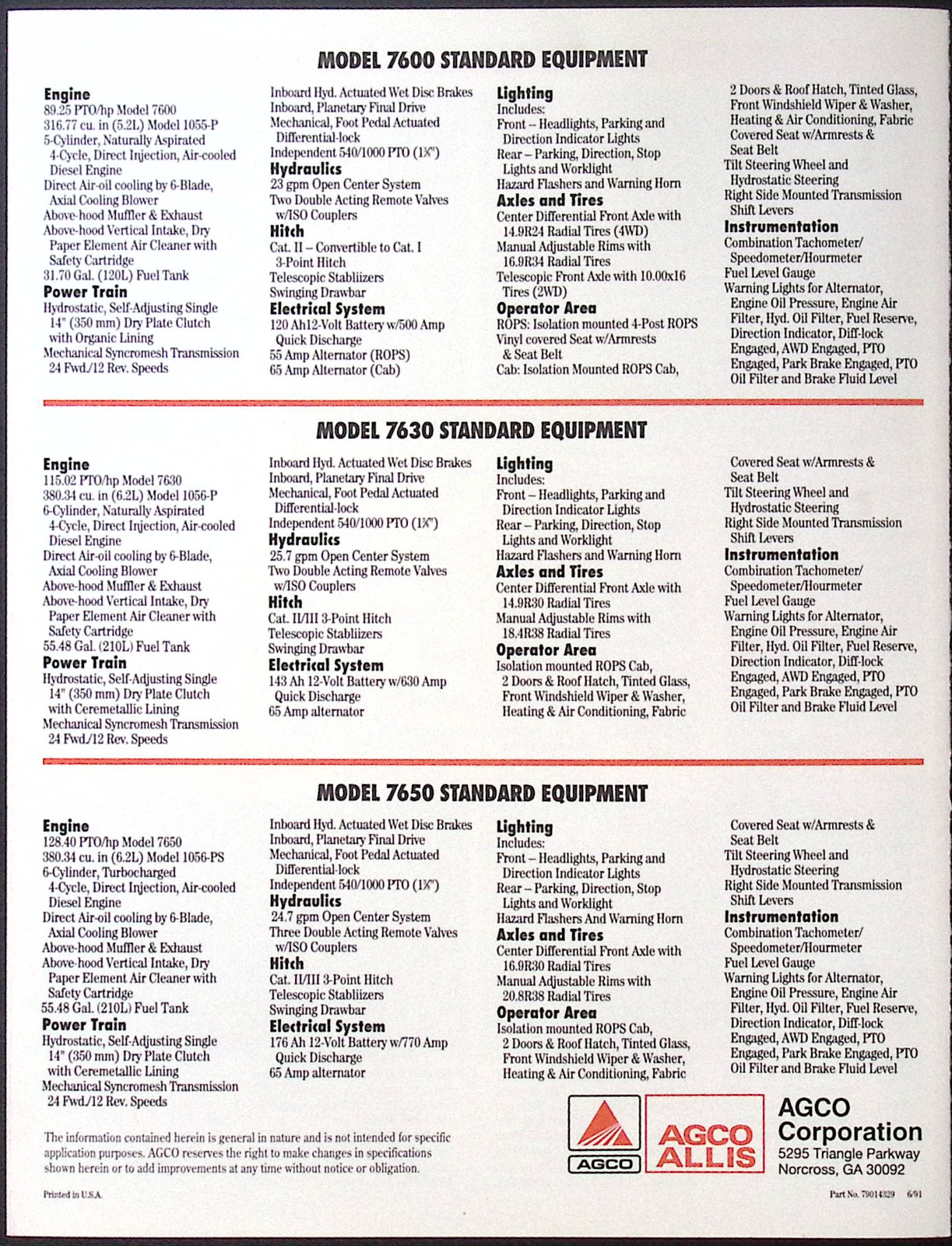 AGCO ALLIS 7600 Series 89/115/128 HP Tractors Specs Sales Brochure – Mint