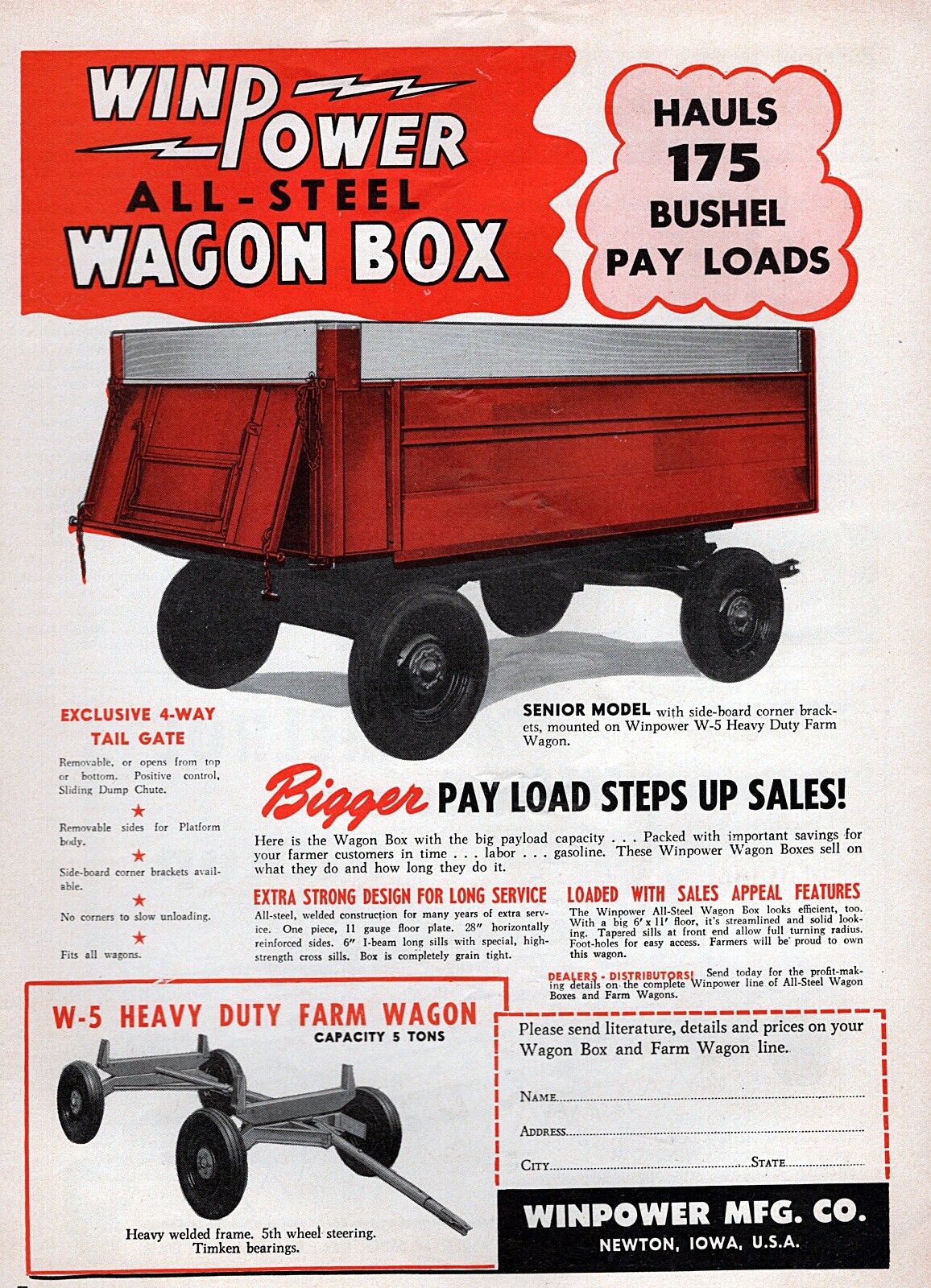 1951 Winpower W-5 Wagon Box Farm Tractor Implement Original Print Ad